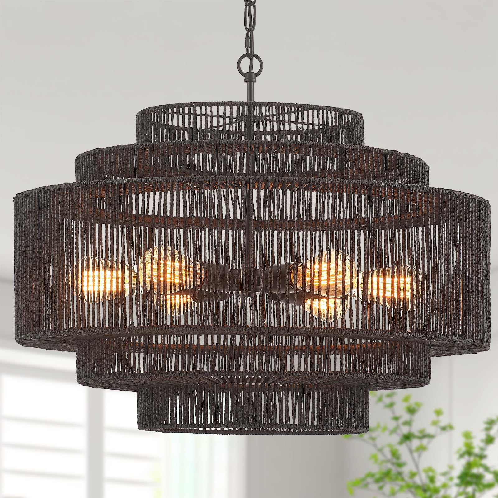 Hand-Woven Rattan Chandelier Large Boho Chandelier Living Room 25.6in Coastal 6-Light Farmhouse Vintage Wicker Bamboo Chandeliers for Bedroom Dining Room Stairway