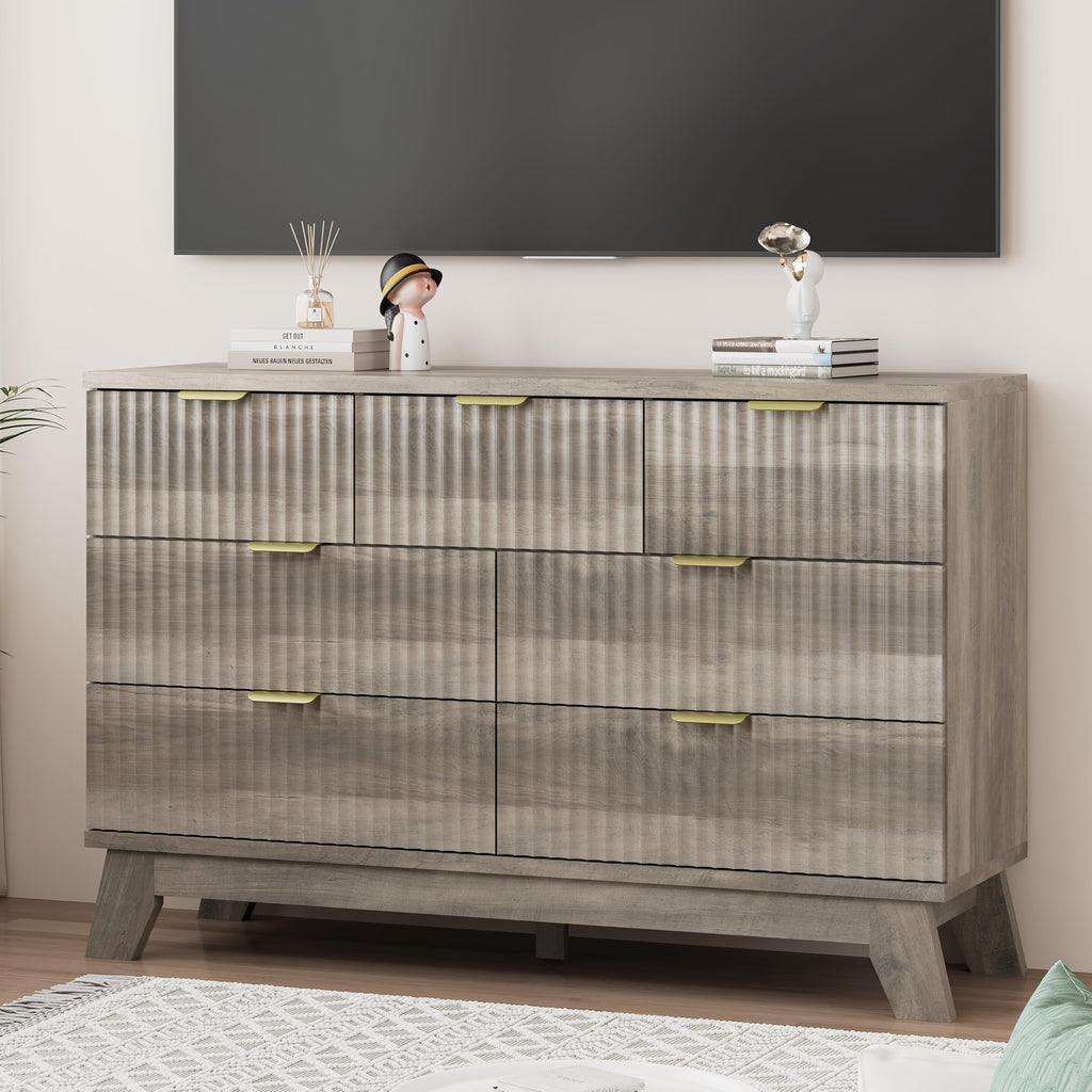 Fluted Dresser for Bedroom with 9 Drawers, 57" Wide Modern Chest of Drawers with Metal Handle, Wooden Dresser TV Stand, Wood Closet Clothes Storage Organizer for Living Room, Hallway, Natural Oak