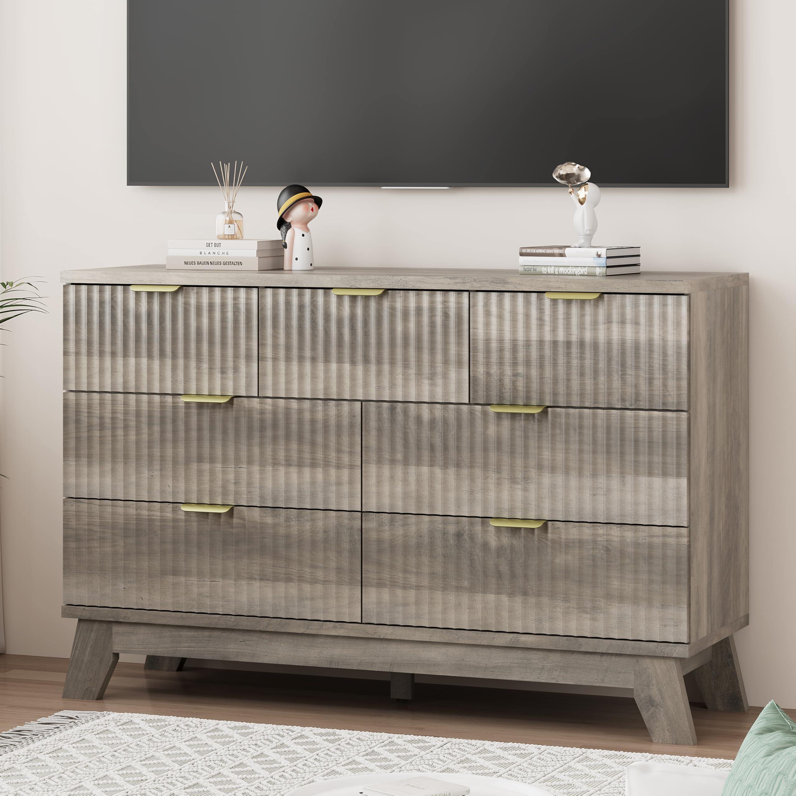 Fluted Dresser for Bedroom with 9 Drawers, 57" Wide Modern Chest of Drawers with Metal Handle, Wooden Dresser TV Stand, Wood Closet Clothes Storage Organizer for Living Room, Hallway, Natural Oak