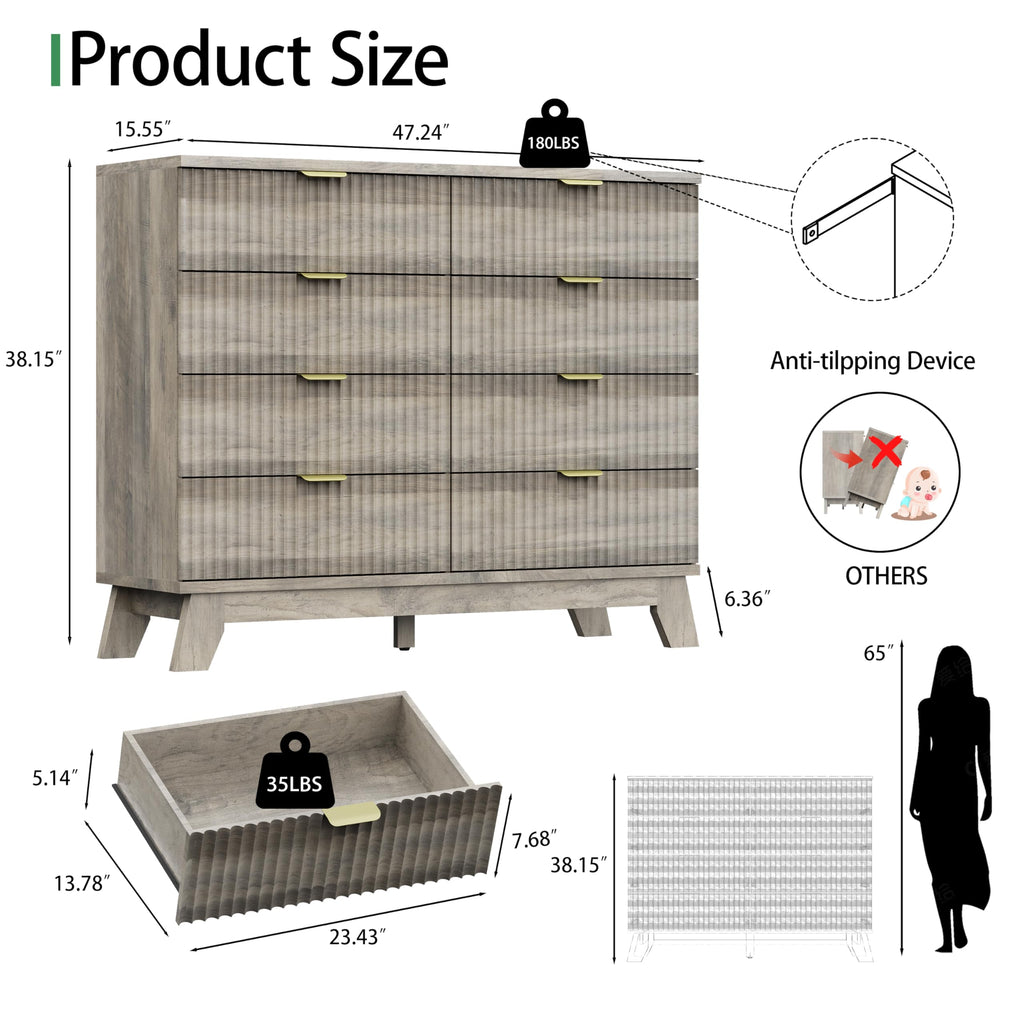 Fluted Dresser for Bedroom with 9 Drawers, 57" Wide Modern Chest of Drawers with Metal Handle, Wooden Dresser TV Stand, Wood Closet Clothes Storage Organizer for Living Room, Hallway, Natural Oak