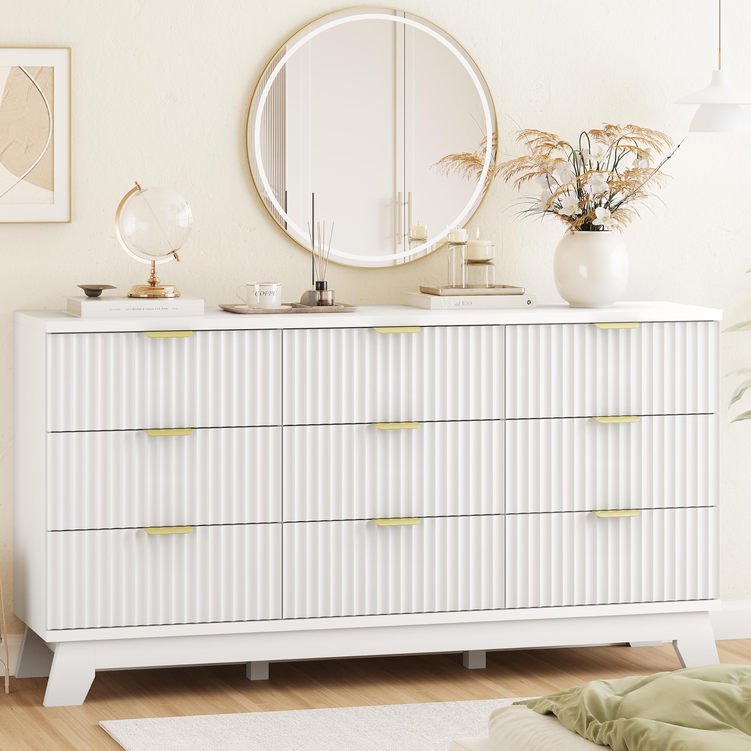 Fluted Dresser for Bedroom with 9 Drawers, 57" Wide Modern Chest of Drawers with Metal Handle, Wooden Dresser TV Stand, Wood Closet Clothes Storage Organizer for Living Room, Hallway, Natural Oak