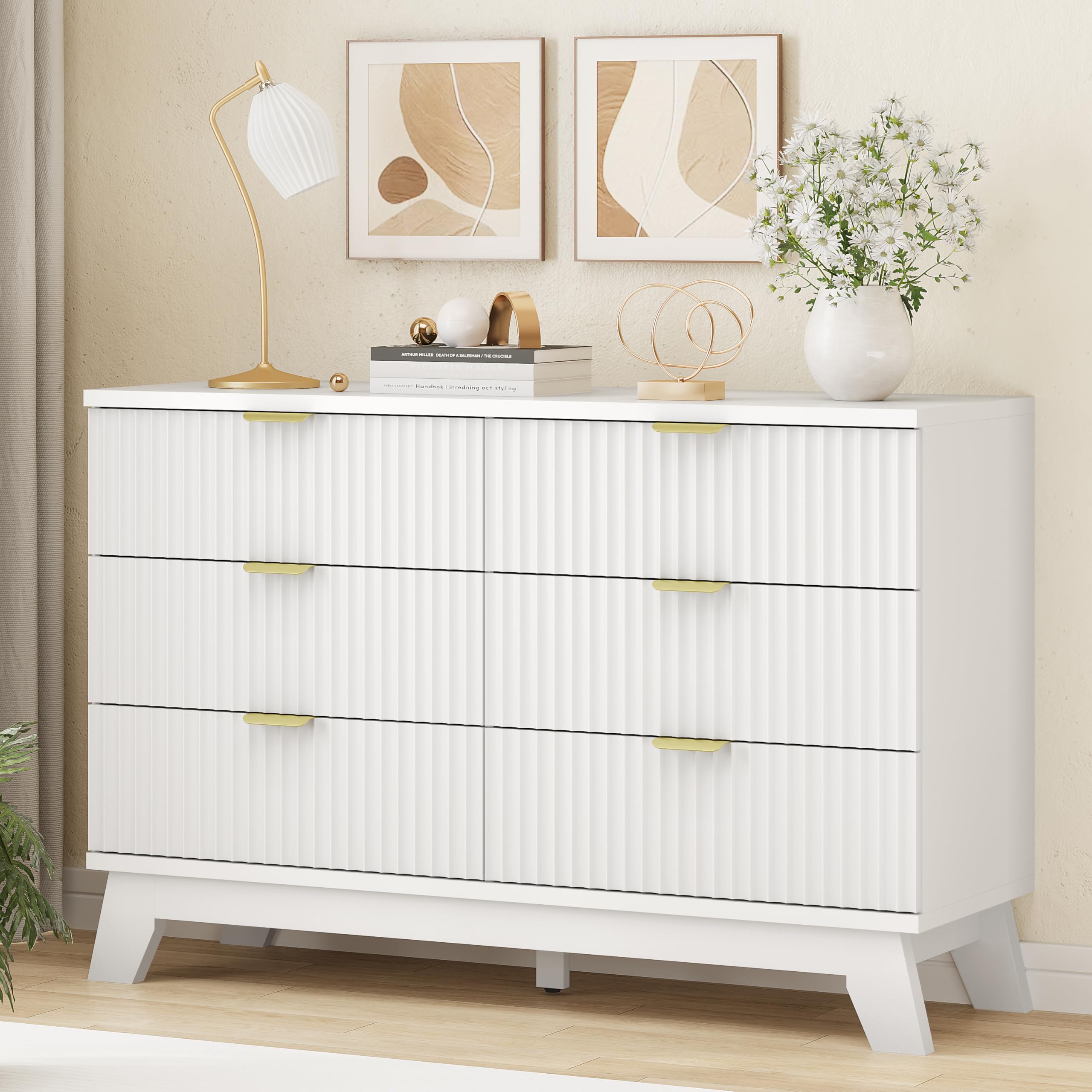 Fluted Dresser for Bedroom with 9 Drawers, 57" Wide Modern Chest of Drawers with Metal Handle, Wooden Dresser TV Stand, Wood Closet Clothes Storage Organizer for Living Room, Hallway, Natural Oak