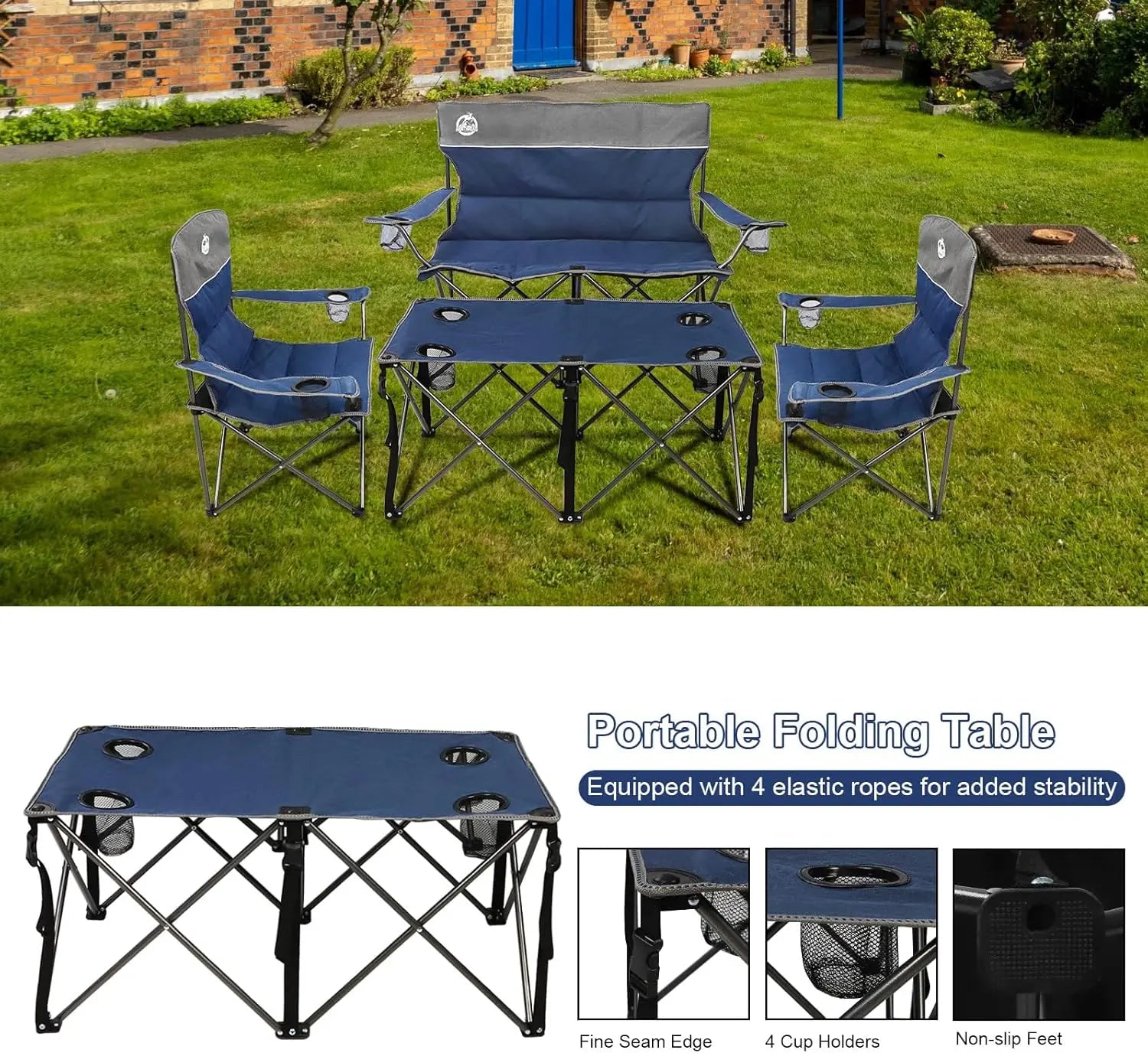 4-Piece Folding Camping Set with Sofa, 2 Chairs & Table for Outdoor Travel, Beach, Patio (Blue)