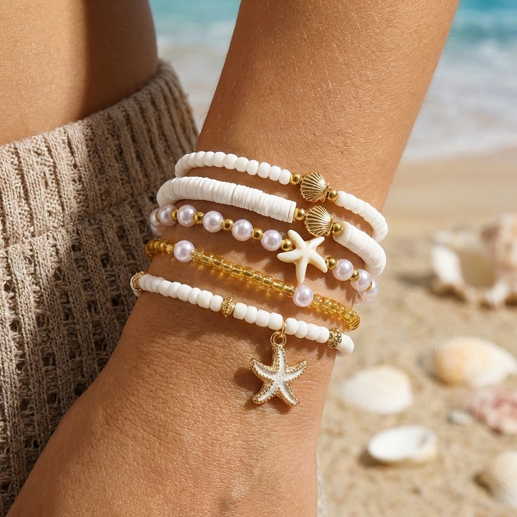 5Pcs/Set Boho Starfish Shell Elastic Bracelet for Women Stackable Imitation Pearl Heishi Beads Bracelet Beach Jewelry Gift