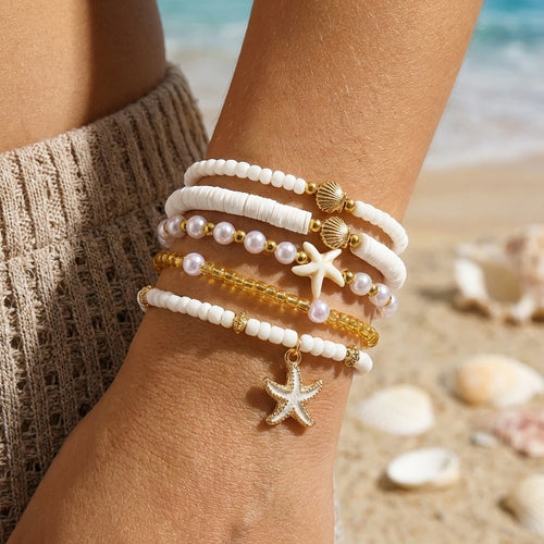 5Pcs/Set Boho Starfish Shell Elastic Bracelet for Women Stackable Imitation Pearl Heishi Beads Bracelet Beach Jewelry Gift