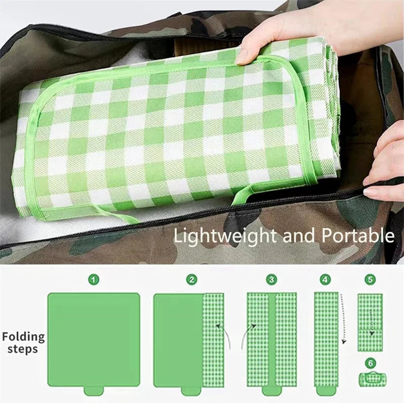 Foldable Lightweight Picnic Blanket 3m×2m Green Plaid Waterproof with Handheld Carry Bag for Outdoor Picnic Camping Beach Party