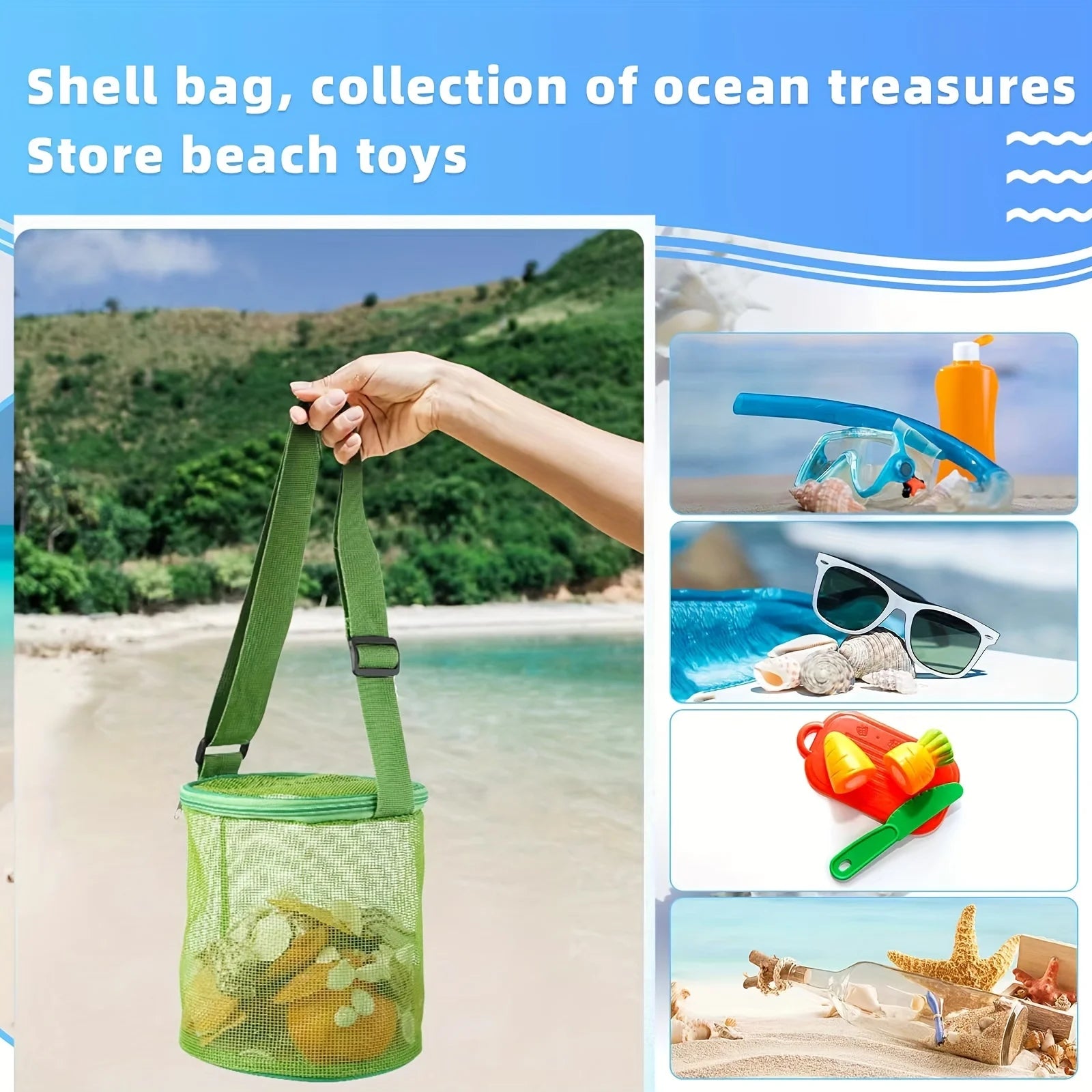 Colorful Beach Toys Mesh Beach Bag with Zipper Sand Toy Seashell Bag Pool Bag Swimming Accessories for Teens Boys Girls