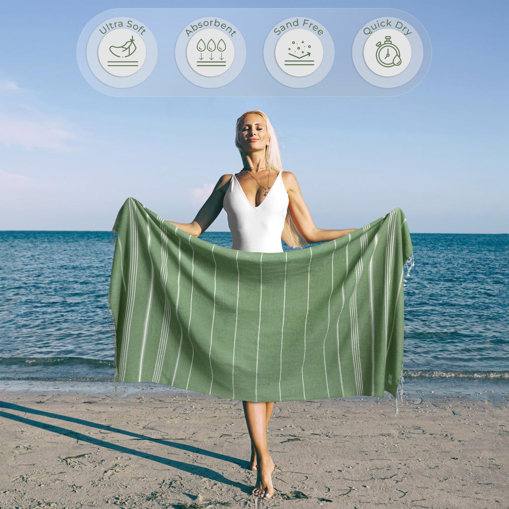 Ossano Turkish Beach Towel Absorbent & Quick Dry Oversized (39" x 71") - Decorative, Versatile and Functional as Yoga Mat, Picnic Blanket, Travel Blanket, Bath, Cruise, Gym Towel - Green