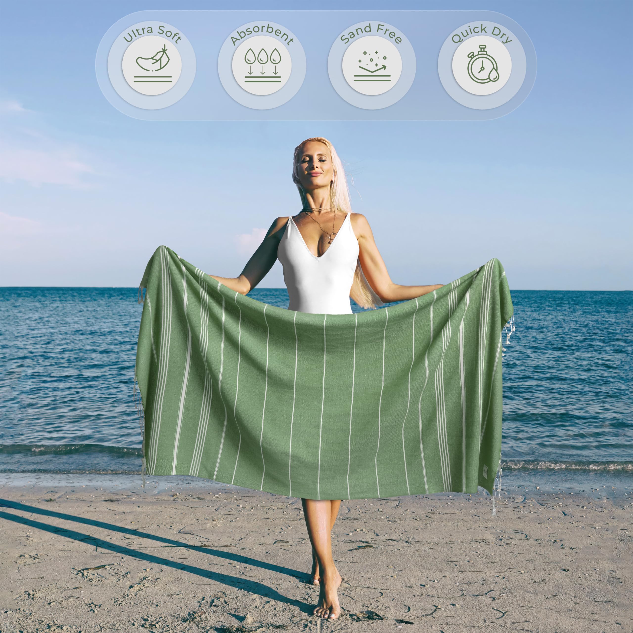 Ossano Turkish Beach Towel Absorbent & Quick Dry Oversized (39" x 71") - Decorative, Versatile and Functional as Yoga Mat, Picnic Blanket, Travel Blanket, Bath, Cruise, Gym Towel - Green