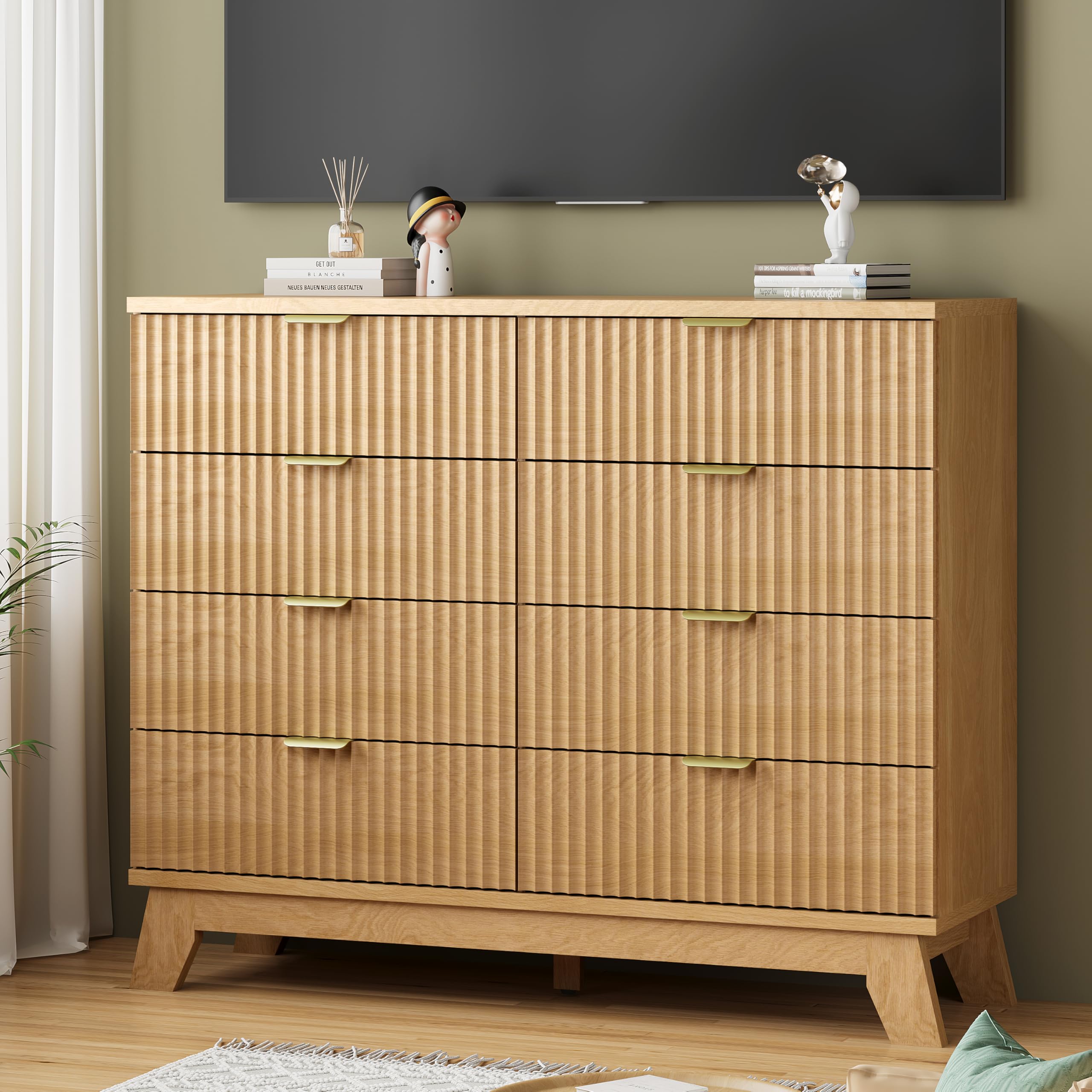 Fluted Dresser for Bedroom with 9 Drawers, 57" Wide Modern Chest of Drawers with Metal Handle, Wooden Dresser TV Stand, Wood Closet Clothes Storage Organizer for Living Room, Hallway, Natural Oak
