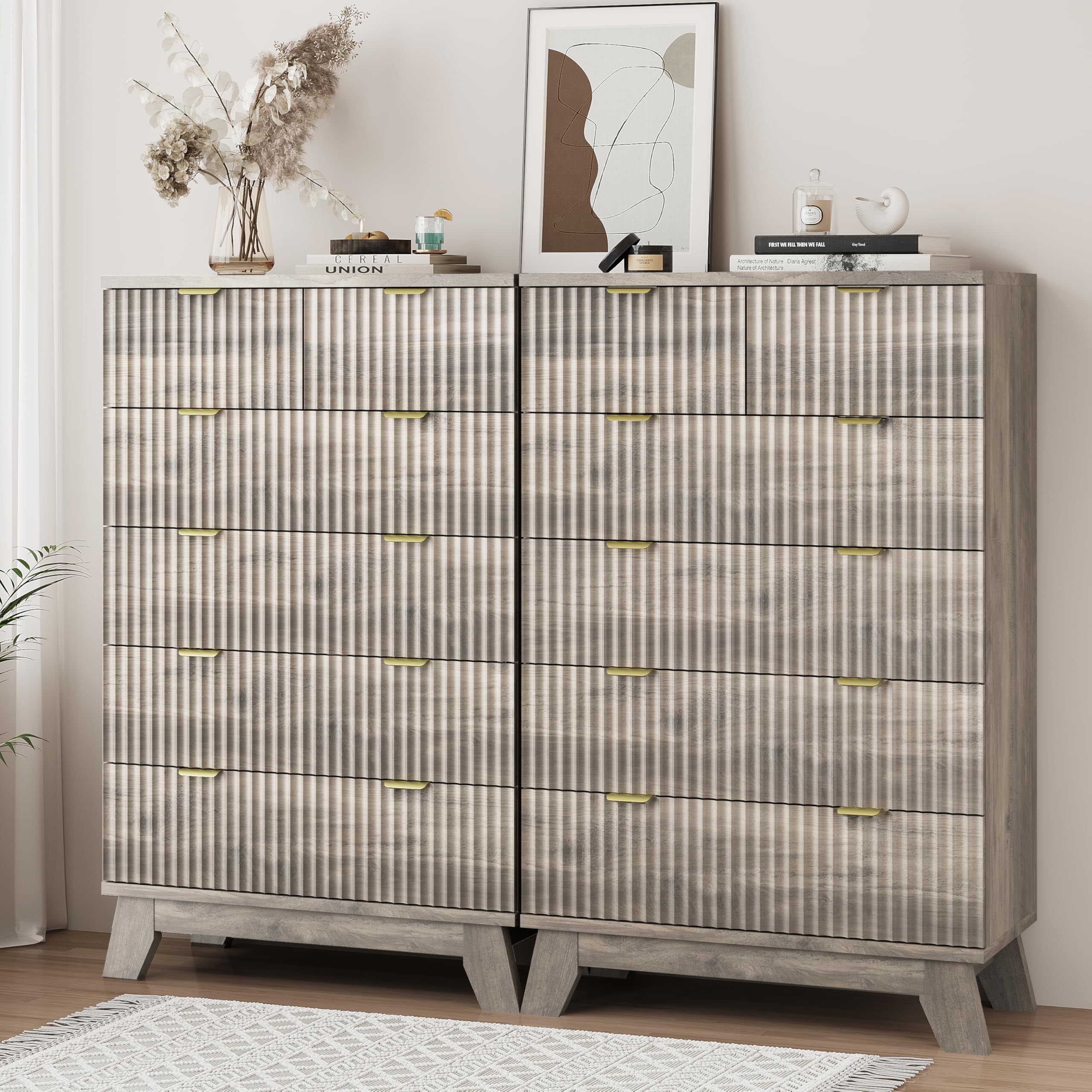 Fluted Dresser for Bedroom with 9 Drawers, 57" Wide Modern Chest of Drawers with Metal Handle, Wooden Dresser TV Stand, Wood Closet Clothes Storage Organizer for Living Room, Hallway, Natural Oak