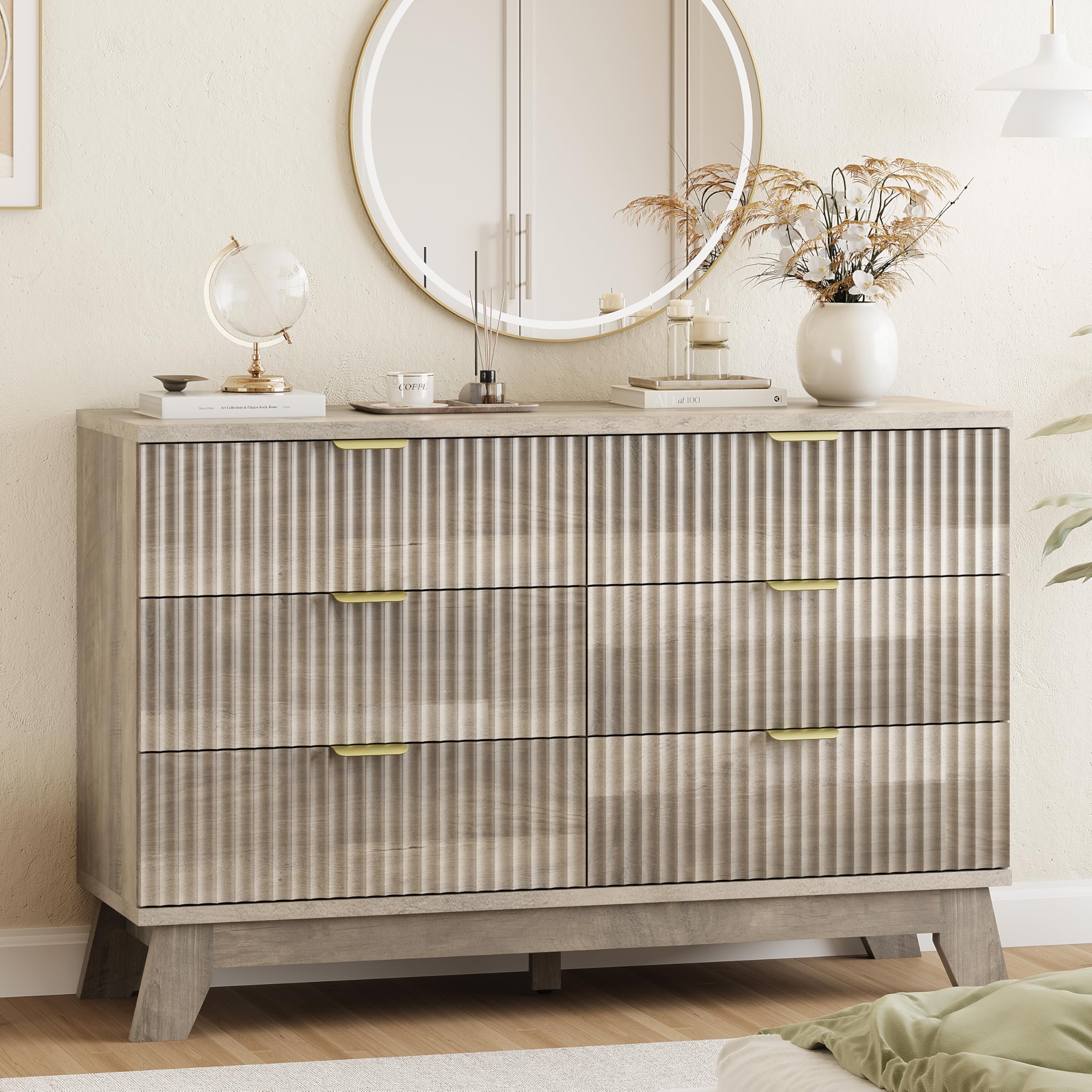 Fluted Dresser for Bedroom with 9 Drawers, 57" Wide Modern Chest of Drawers with Metal Handle, Wooden Dresser TV Stand, Wood Closet Clothes Storage Organizer for Living Room, Hallway, Natural Oak