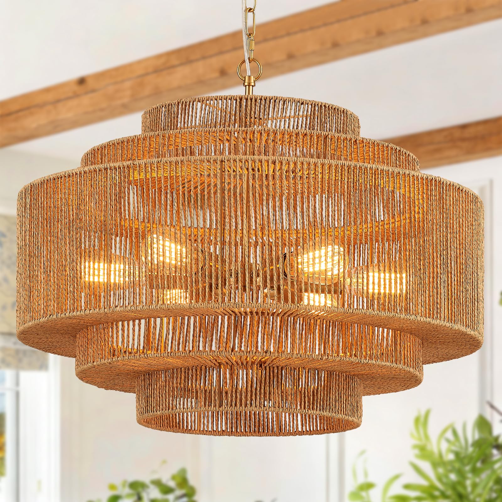 Hand-Woven Rattan Chandelier Large Boho Chandelier Living Room 25.6in Coastal 6-Light Farmhouse Vintage Wicker Bamboo Chandeliers for Bedroom Dining Room Stairway