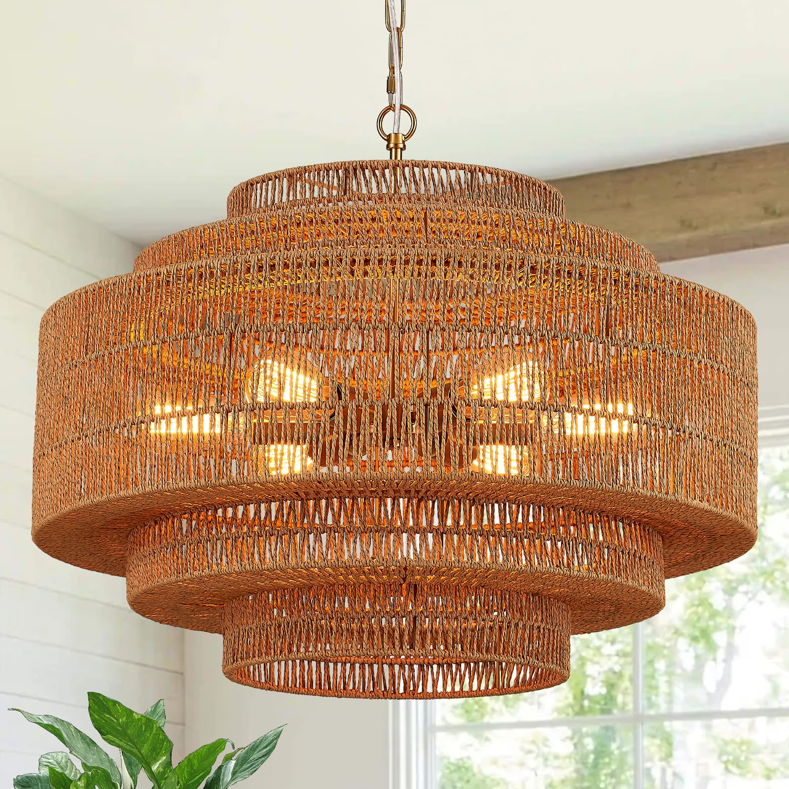 Hand-Woven Rattan Chandelier Large Boho Chandelier Living Room 25.6in Coastal 6-Light Farmhouse Vintage Wicker Bamboo Chandeliers for Bedroom Dining Room Stairway