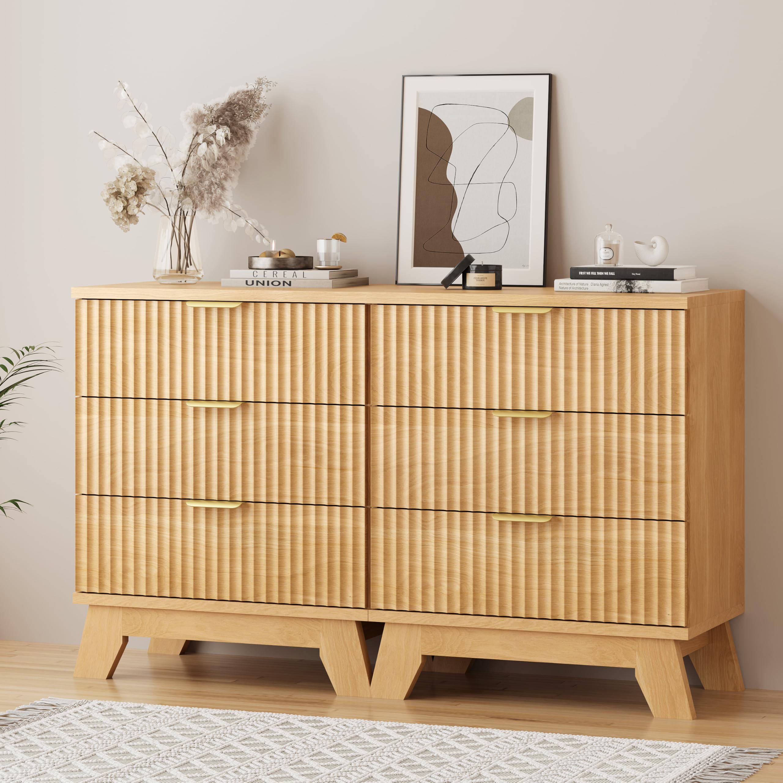 Fluted Dresser for Bedroom with 9 Drawers, 57" Wide Modern Chest of Drawers with Metal Handle, Wooden Dresser TV Stand, Wood Closet Clothes Storage Organizer for Living Room, Hallway, Natural Oak