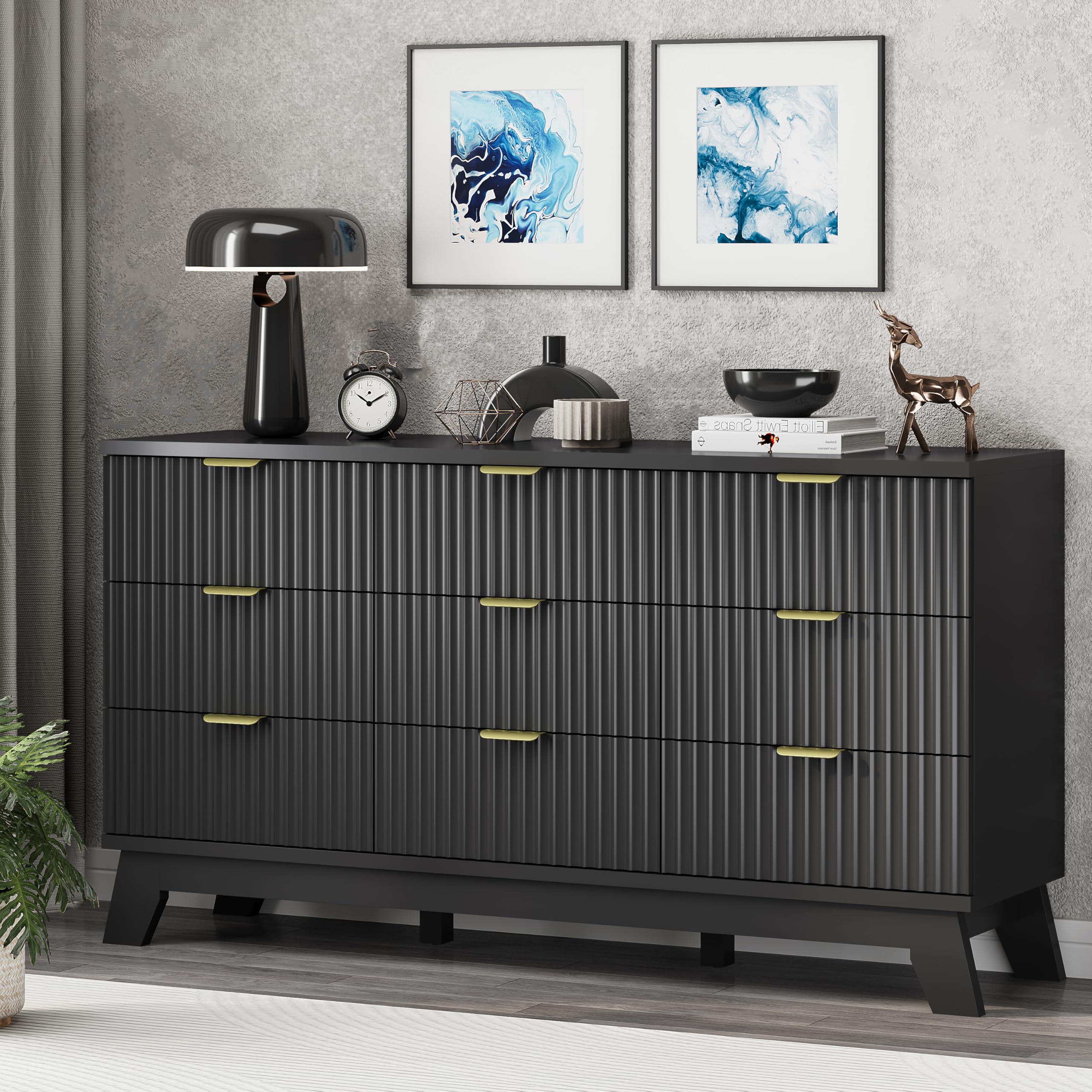 Fluted Dresser for Bedroom with 9 Drawers, 57" Wide Modern Chest of Drawers with Metal Handle, Wooden Dresser TV Stand, Wood Closet Clothes Storage Organizer for Living Room, Hallway, Natural Oak