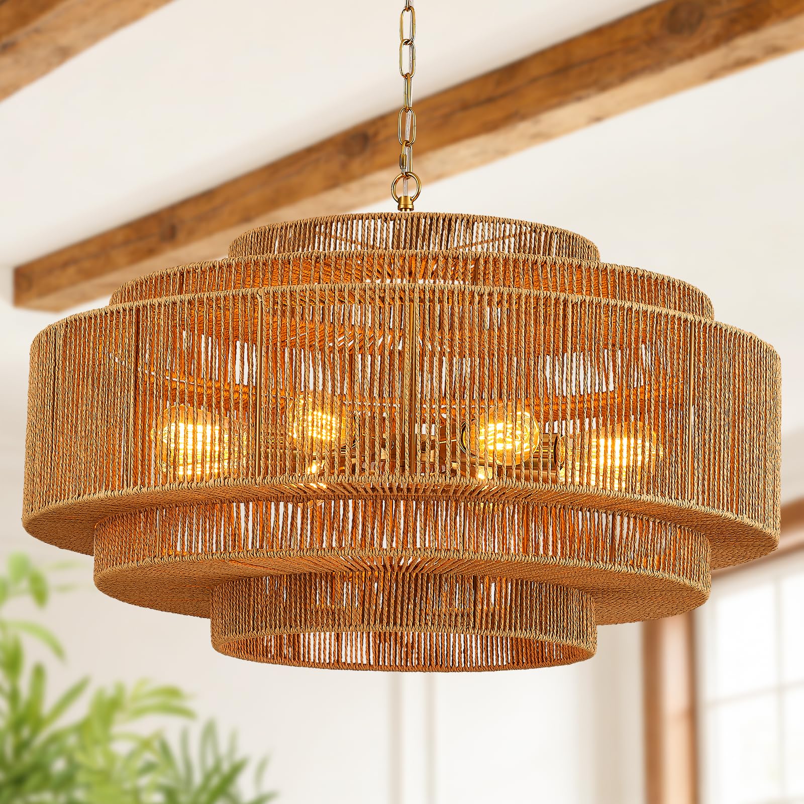 Hand-Woven Rattan Chandelier Large Boho Chandelier Living Room 25.6in Coastal 6-Light Farmhouse Vintage Wicker Bamboo Chandeliers for Bedroom Dining Room Stairway