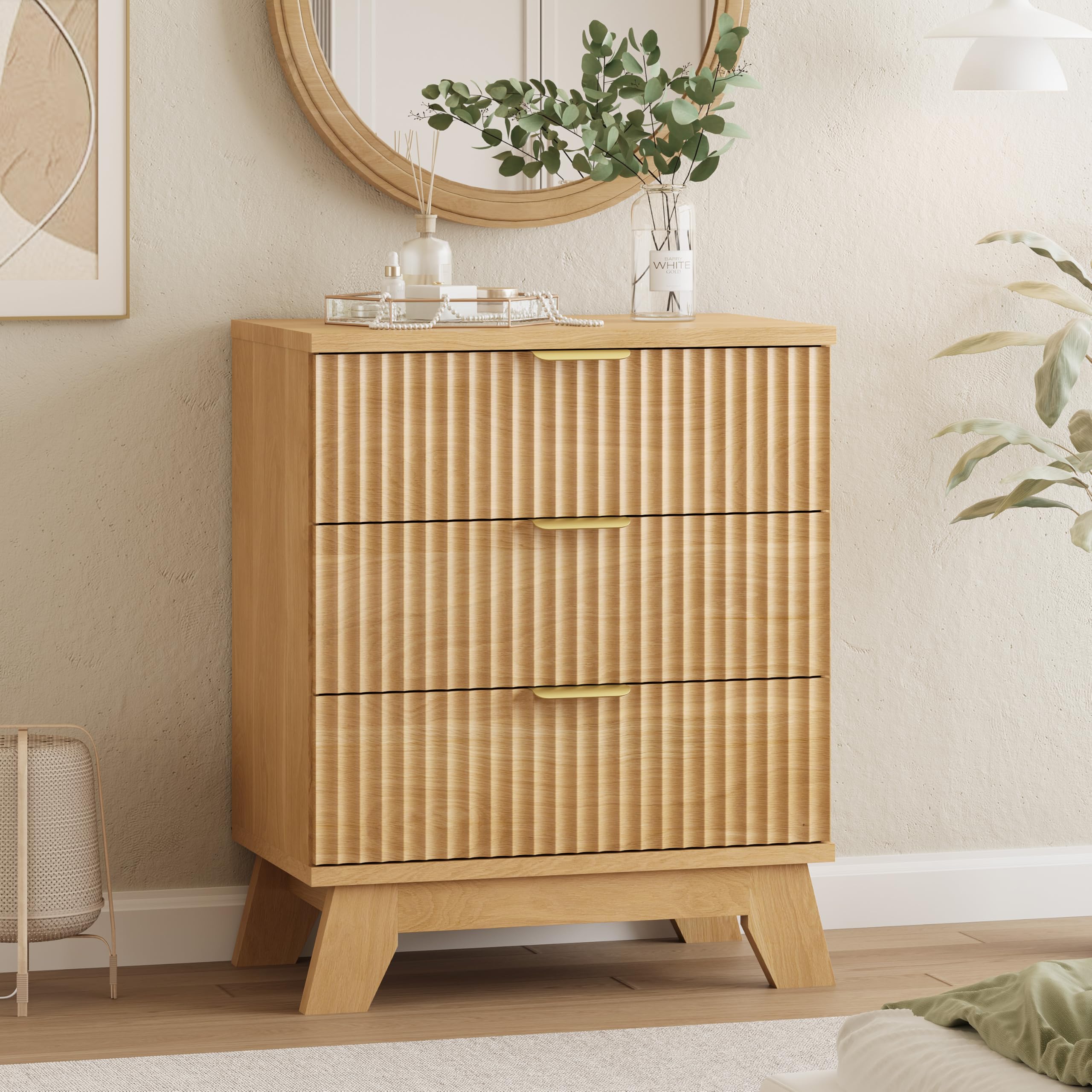 Fluted Dresser for Bedroom with 9 Drawers, 57" Wide Modern Chest of Drawers with Metal Handle, Wooden Dresser TV Stand, Wood Closet Clothes Storage Organizer for Living Room, Hallway, Natural Oak