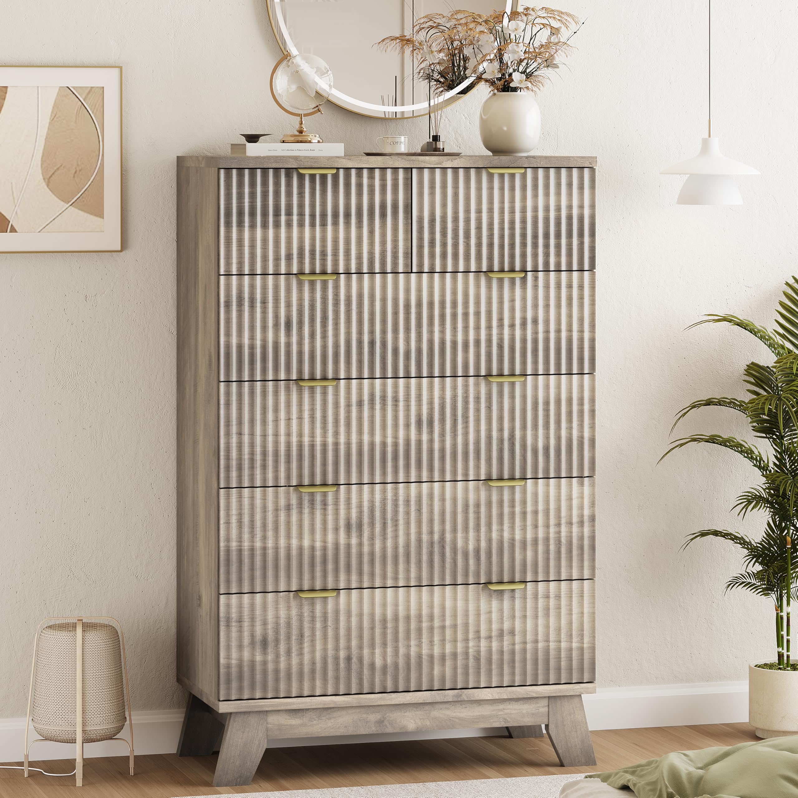 Fluted Dresser for Bedroom with 9 Drawers, 57" Wide Modern Chest of Drawers with Metal Handle, Wooden Dresser TV Stand, Wood Closet Clothes Storage Organizer for Living Room, Hallway, Natural Oak