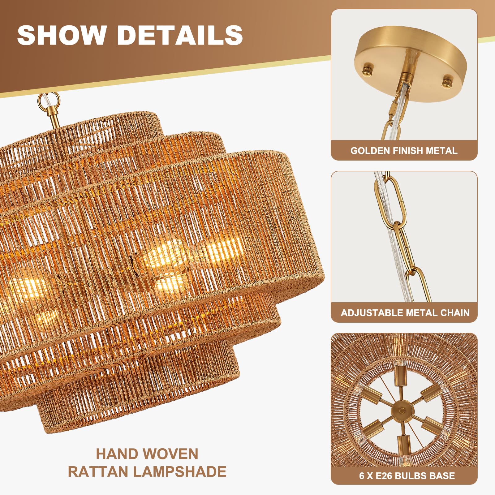Hand-Woven Rattan Chandelier Large Boho Chandelier Living Room 25.6in Coastal 6-Light Farmhouse Vintage Wicker Bamboo Chandeliers for Bedroom Dining Room Stairway