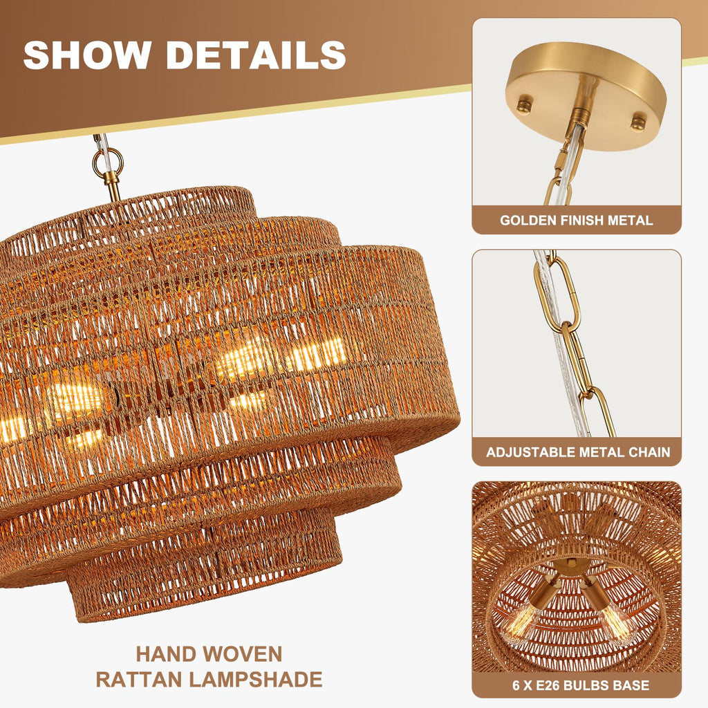 Hand-Woven Rattan Chandelier Large Boho Chandelier Living Room 25.6in Coastal 6-Light Farmhouse Vintage Wicker Bamboo Chandeliers for Bedroom Dining Room Stairway