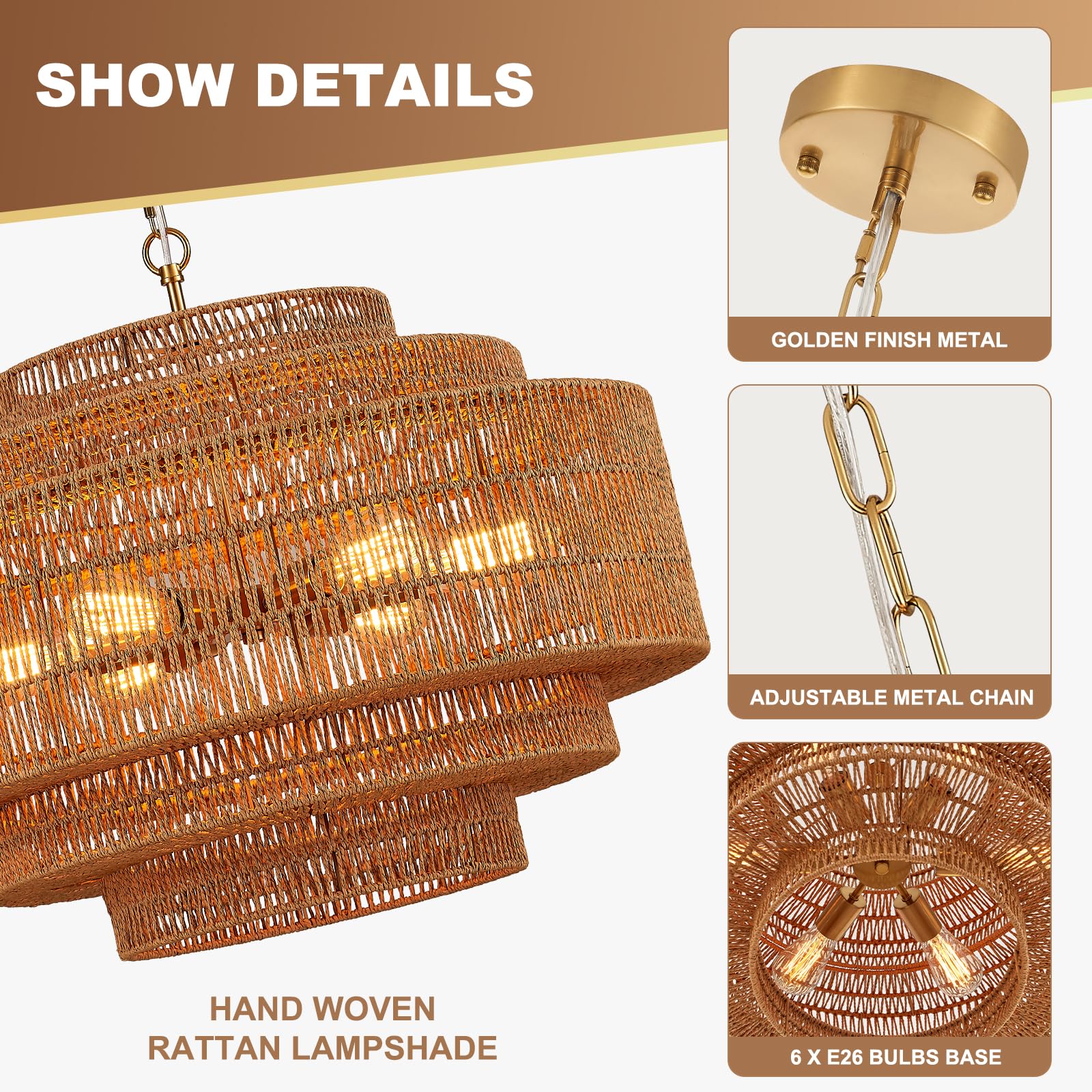Hand-Woven Rattan Chandelier Large Boho Chandelier Living Room 25.6in Coastal 6-Light Farmhouse Vintage Wicker Bamboo Chandeliers for Bedroom Dining Room Stairway