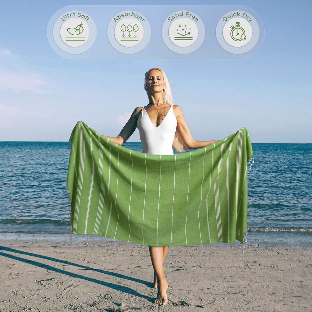 Ossano Turkish Beach Towel Absorbent & Quick Dry Oversized (39" x 71") - Decorative, Versatile and Functional as Yoga Mat, Picnic Blanket, Travel Blanket, Bath, Cruise, Gym Towel - Green