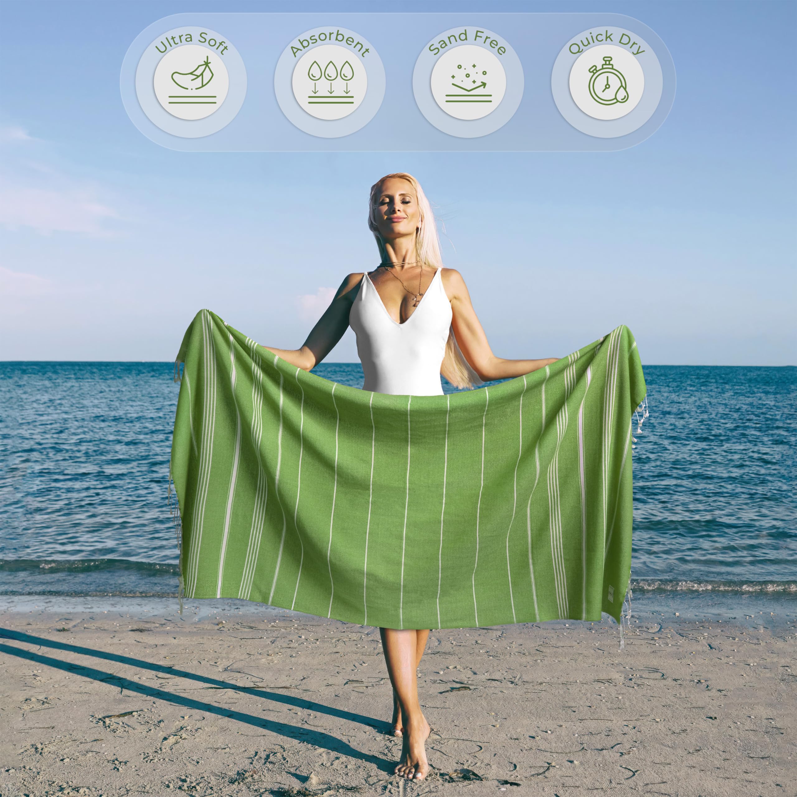 Ossano Turkish Beach Towel Absorbent & Quick Dry Oversized (39" x 71") - Decorative, Versatile and Functional as Yoga Mat, Picnic Blanket, Travel Blanket, Bath, Cruise, Gym Towel - Green