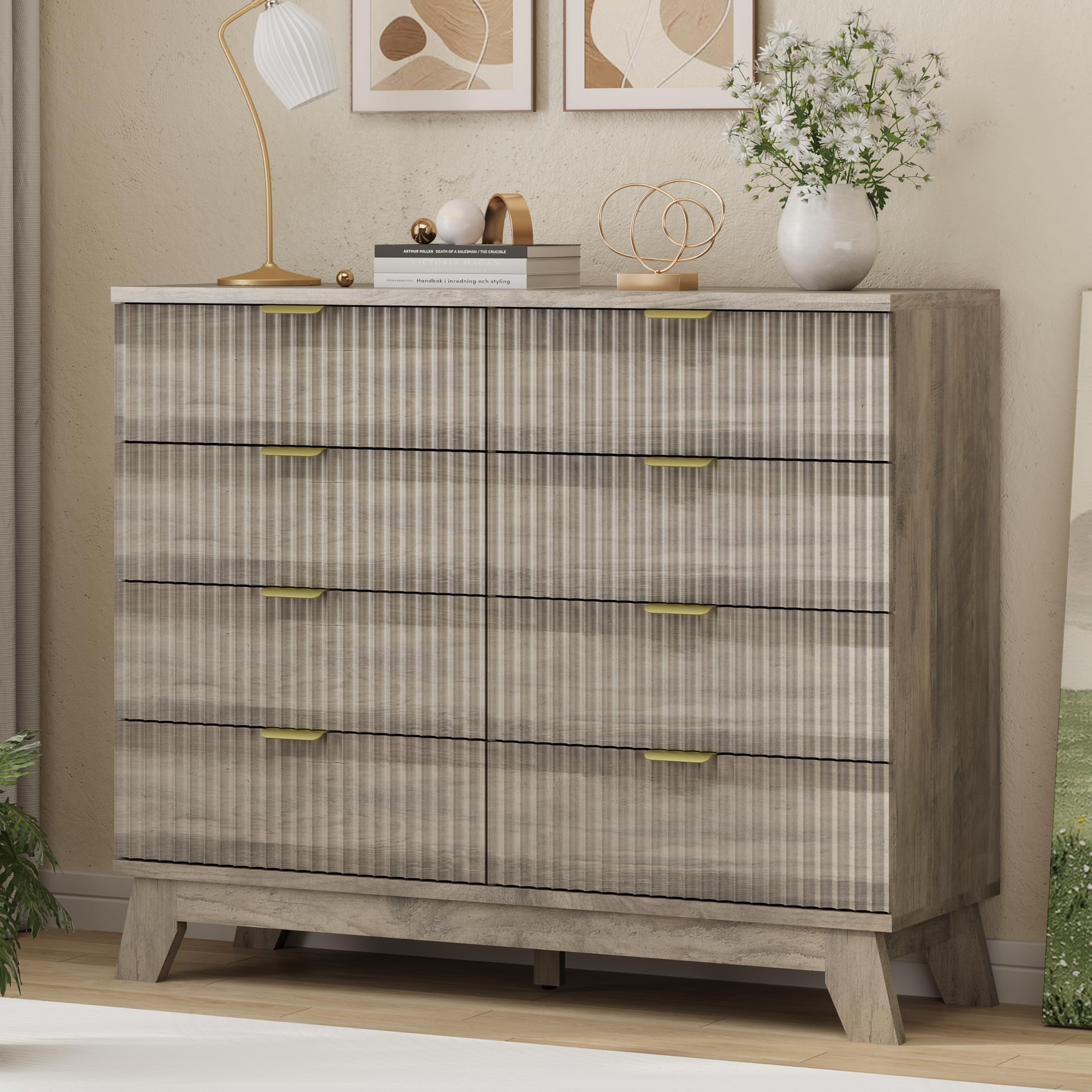Fluted Dresser for Bedroom with 9 Drawers, 57" Wide Modern Chest of Drawers with Metal Handle, Wooden Dresser TV Stand, Wood Closet Clothes Storage Organizer for Living Room, Hallway, Natural Oak