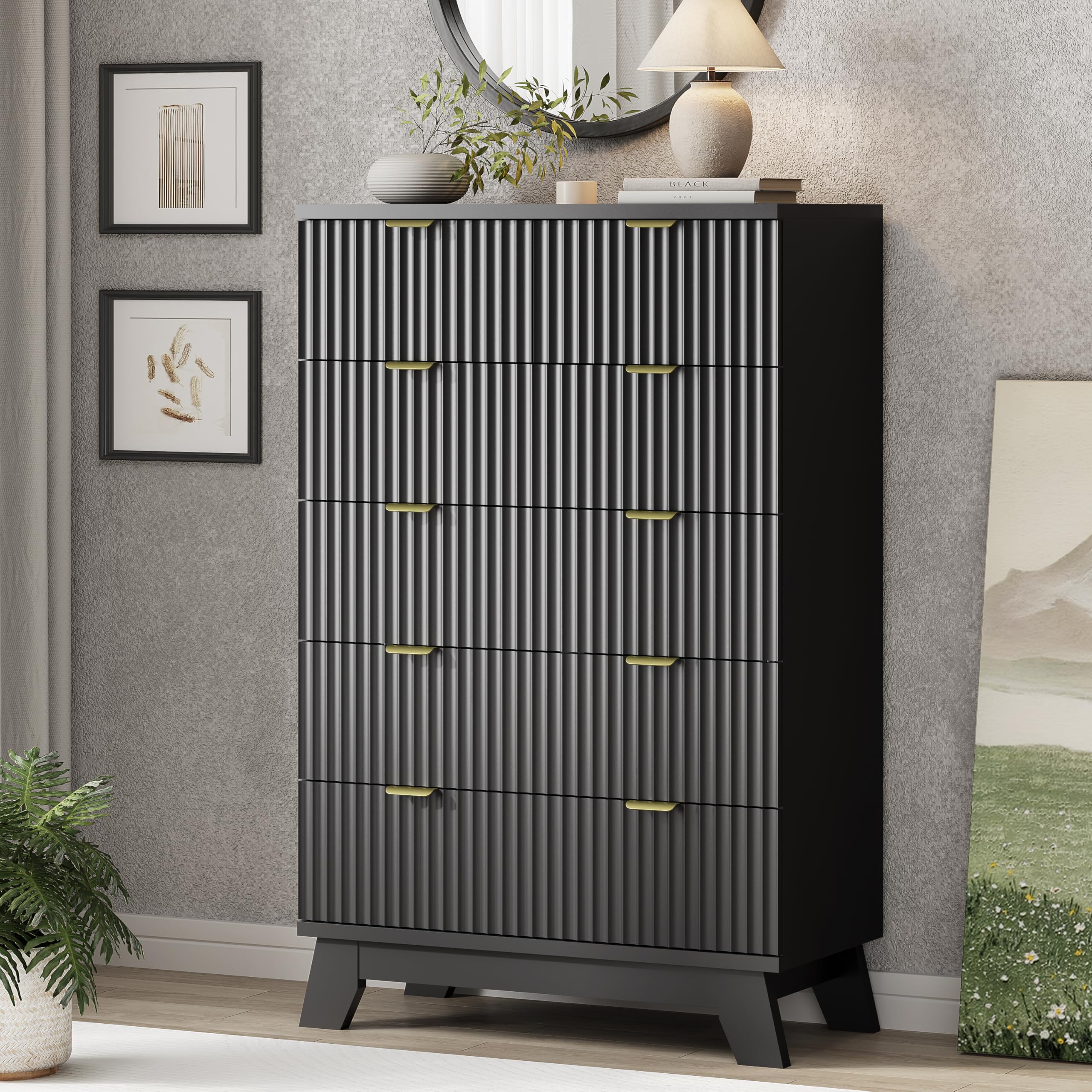 Fluted Dresser for Bedroom with 9 Drawers, 57" Wide Modern Chest of Drawers with Metal Handle, Wooden Dresser TV Stand, Wood Closet Clothes Storage Organizer for Living Room, Hallway, Natural Oak