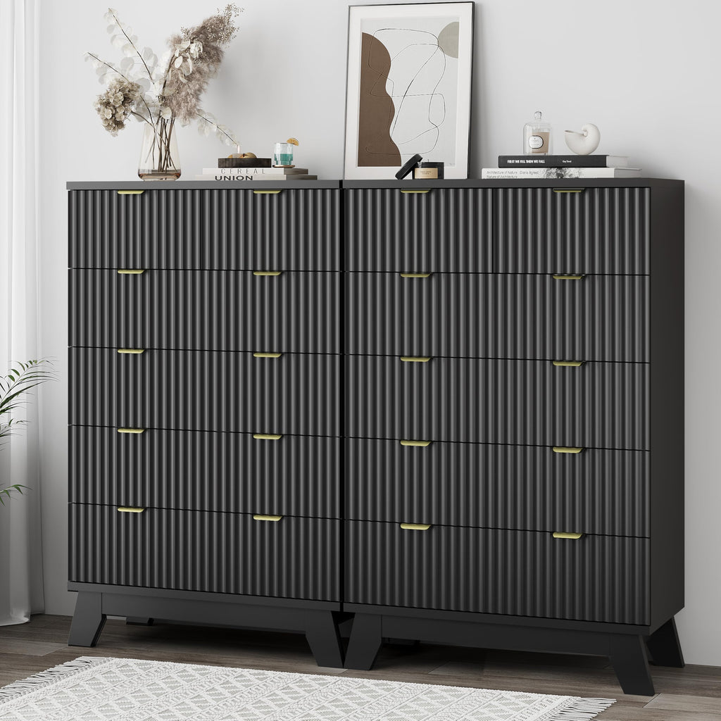 Fluted Dresser for Bedroom with 9 Drawers, 57" Wide Modern Chest of Drawers with Metal Handle, Wooden Dresser TV Stand, Wood Closet Clothes Storage Organizer for Living Room, Hallway, Natural Oak