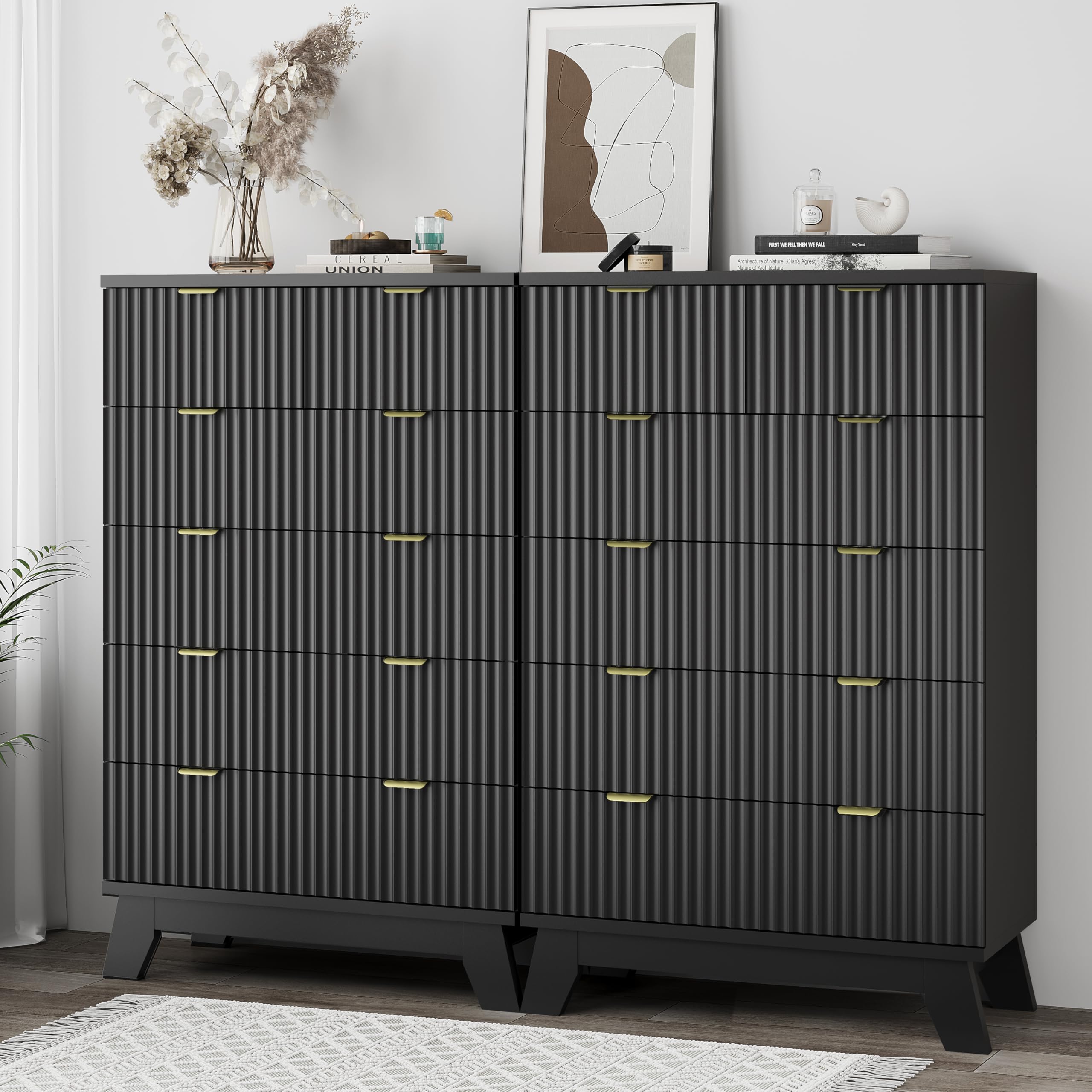 Fluted Dresser for Bedroom with 9 Drawers, 57" Wide Modern Chest of Drawers with Metal Handle, Wooden Dresser TV Stand, Wood Closet Clothes Storage Organizer for Living Room, Hallway, Natural Oak