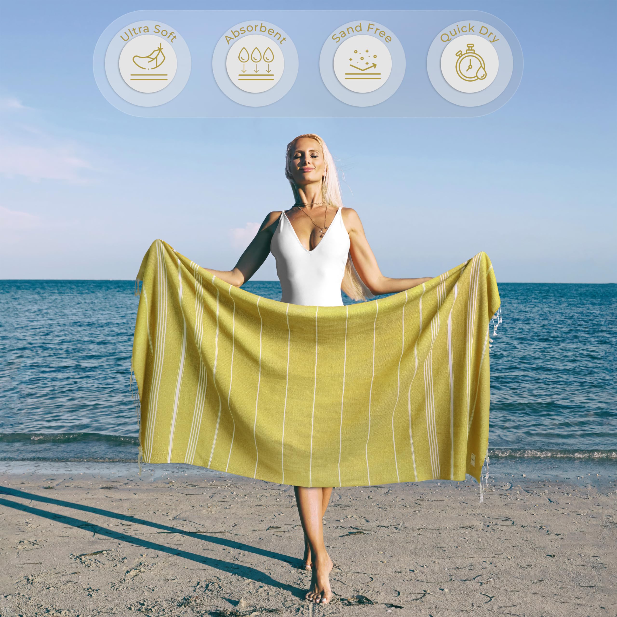 Ossano Turkish Beach Towel Absorbent & Quick Dry Oversized (39" x 71") - Decorative, Versatile and Functional as Yoga Mat, Picnic Blanket, Travel Blanket, Bath, Cruise, Gym Towel - Green