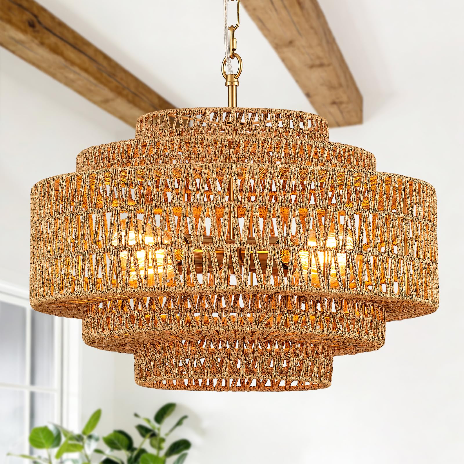 Hand-Woven Rattan Chandelier Large Boho Chandelier Living Room 25.6in Coastal 6-Light Farmhouse Vintage Wicker Bamboo Chandeliers for Bedroom Dining Room Stairway