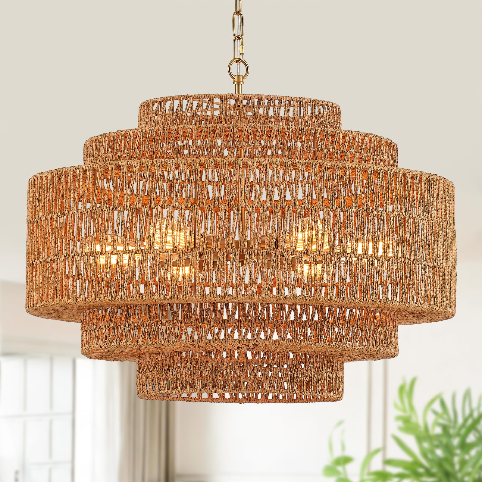 Hand-Woven Rattan Chandelier Large Boho Chandelier Living Room 25.6in Coastal 6-Light Farmhouse Vintage Wicker Bamboo Chandeliers for Bedroom Dining Room Stairway