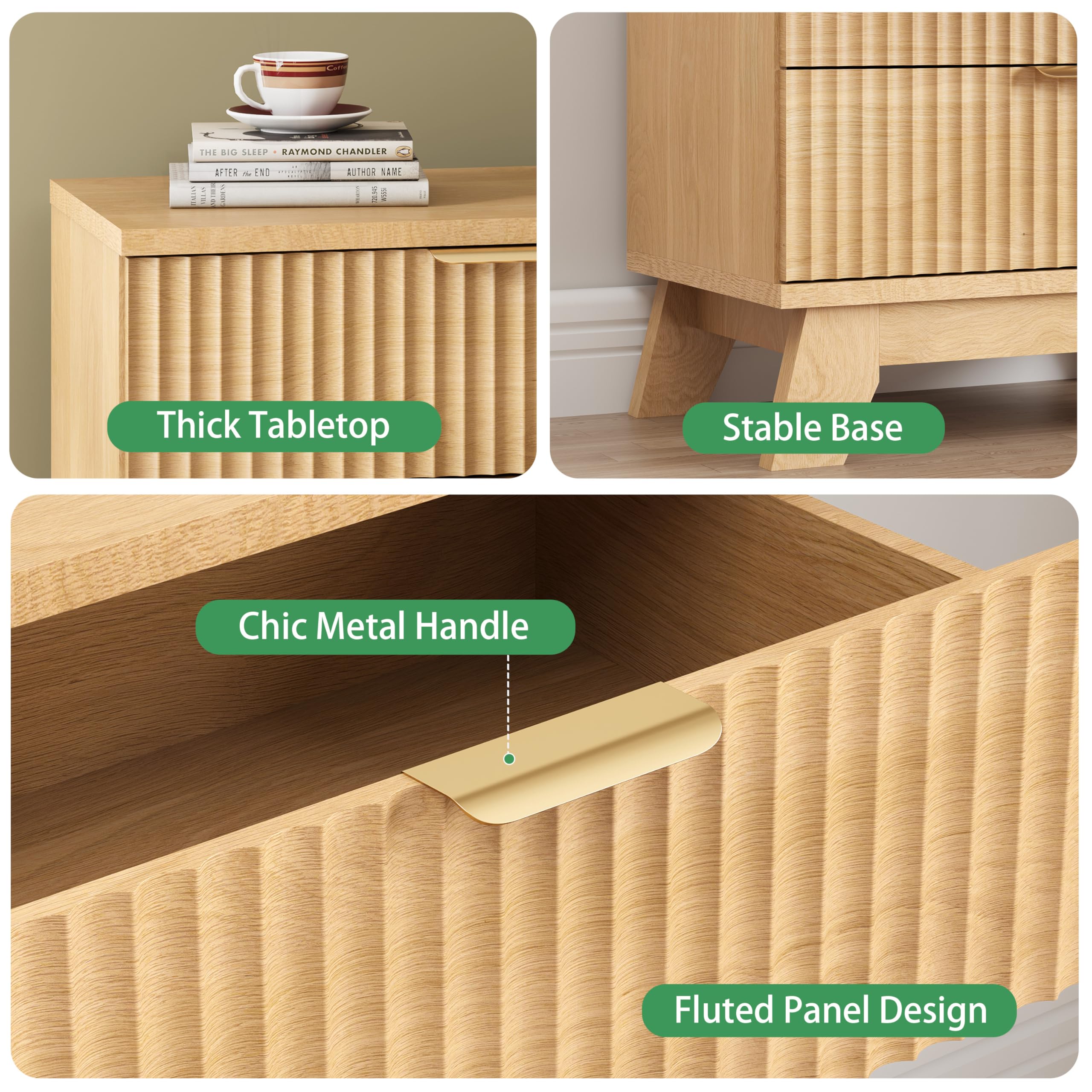 Fluted Dresser for Bedroom with 9 Drawers, 57" Wide Modern Chest of Drawers with Metal Handle, Wooden Dresser TV Stand, Wood Closet Clothes Storage Organizer for Living Room, Hallway, Natural Oak