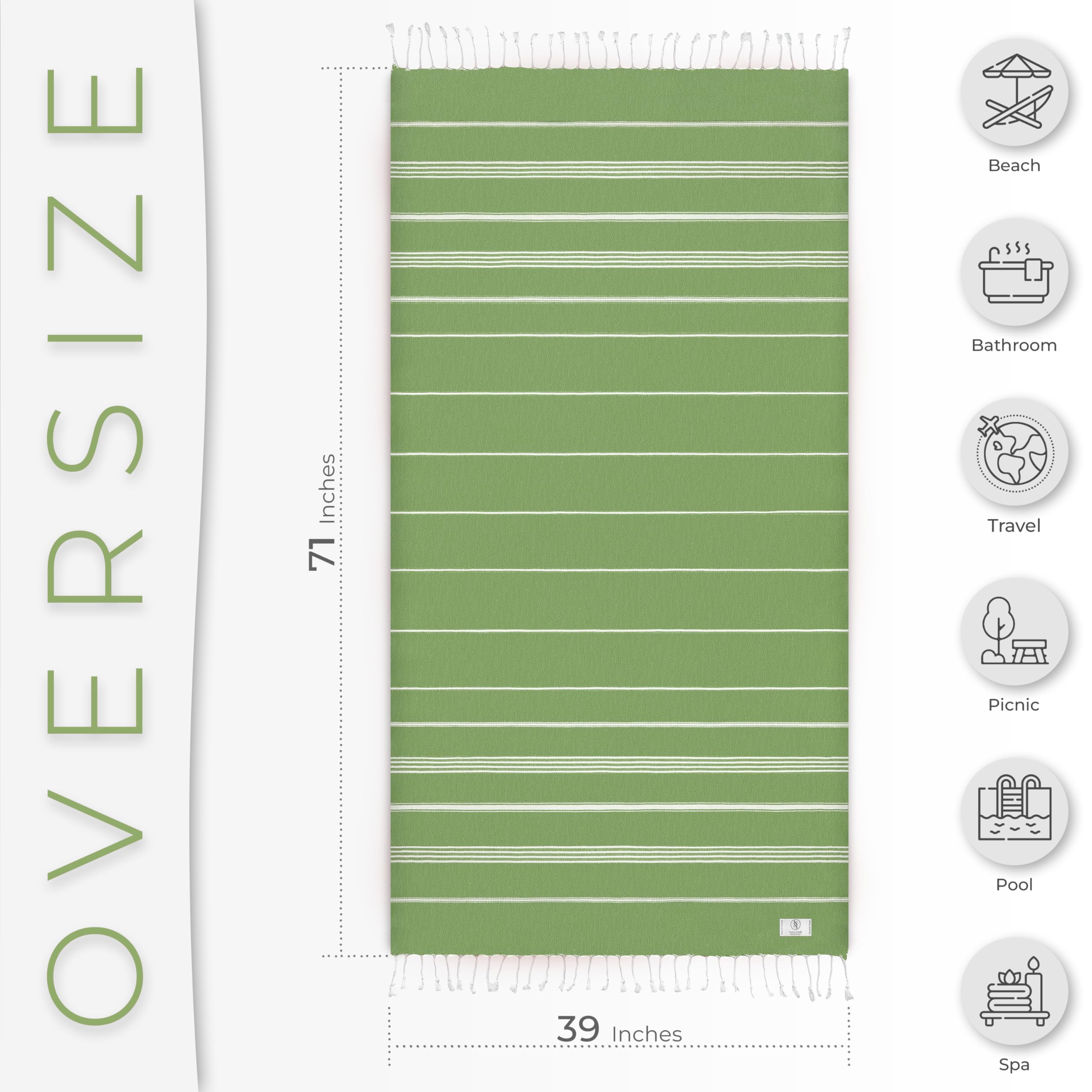 Ossano Turkish Beach Towel Absorbent & Quick Dry Oversized (39" x 71") - Decorative, Versatile and Functional as Yoga Mat, Picnic Blanket, Travel Blanket, Bath, Cruise, Gym Towel - Green