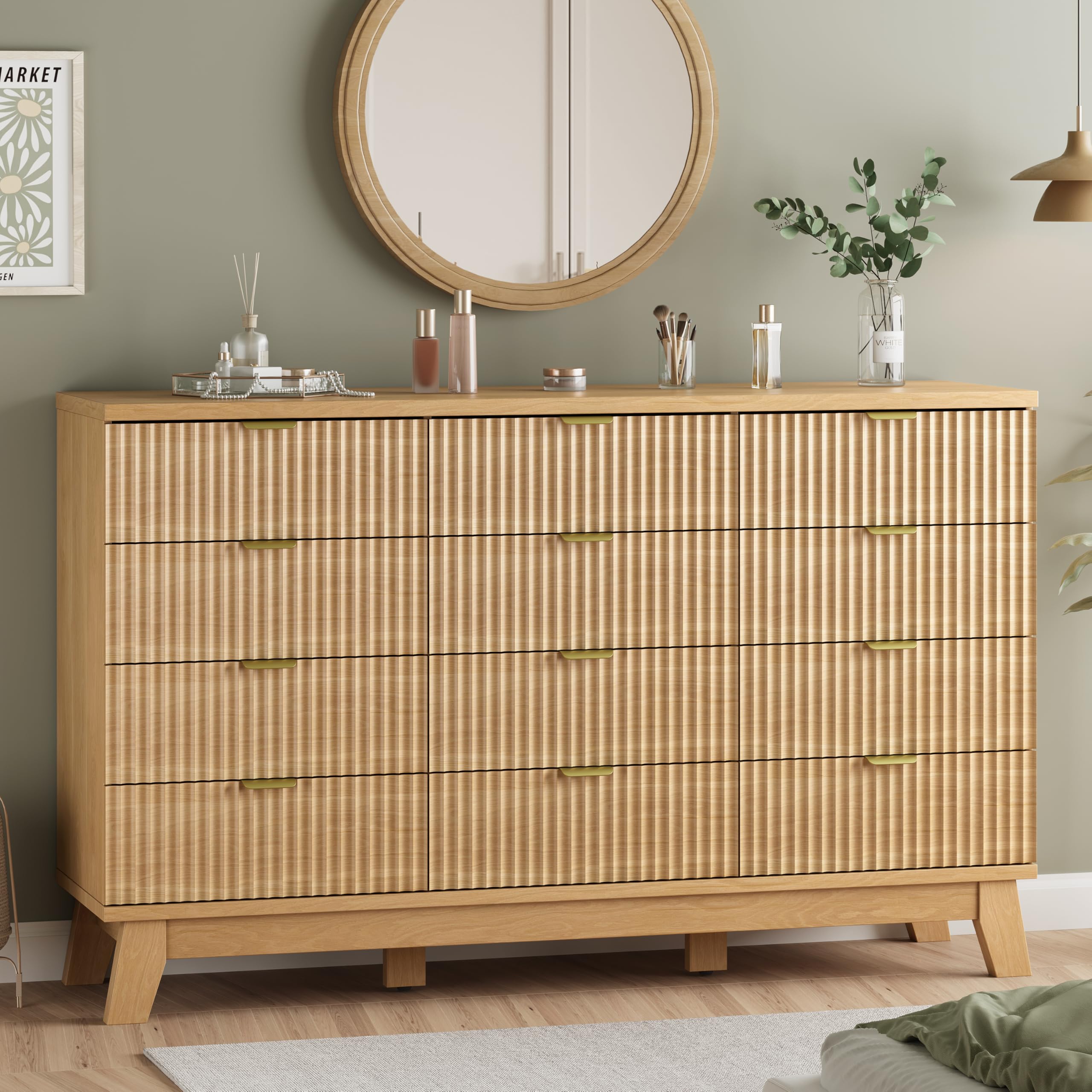 Fluted Dresser for Bedroom with 9 Drawers, 57" Wide Modern Chest of Drawers with Metal Handle, Wooden Dresser TV Stand, Wood Closet Clothes Storage Organizer for Living Room, Hallway, Natural Oak