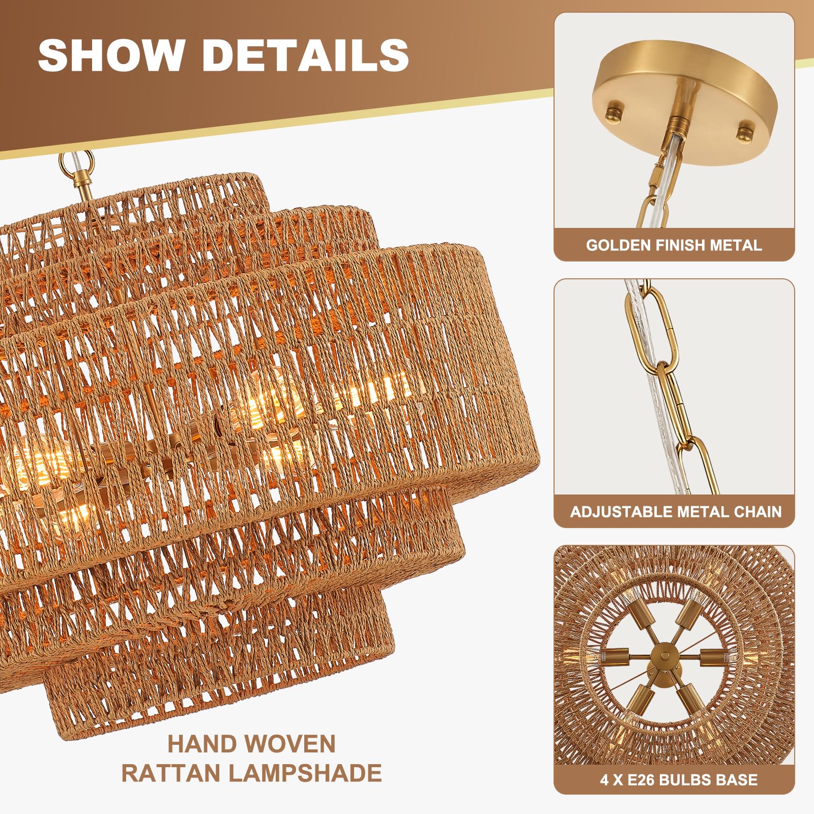 Hand-Woven Rattan Chandelier Large Boho Chandelier Living Room 25.6in Coastal 6-Light Farmhouse Vintage Wicker Bamboo Chandeliers for Bedroom Dining Room Stairway