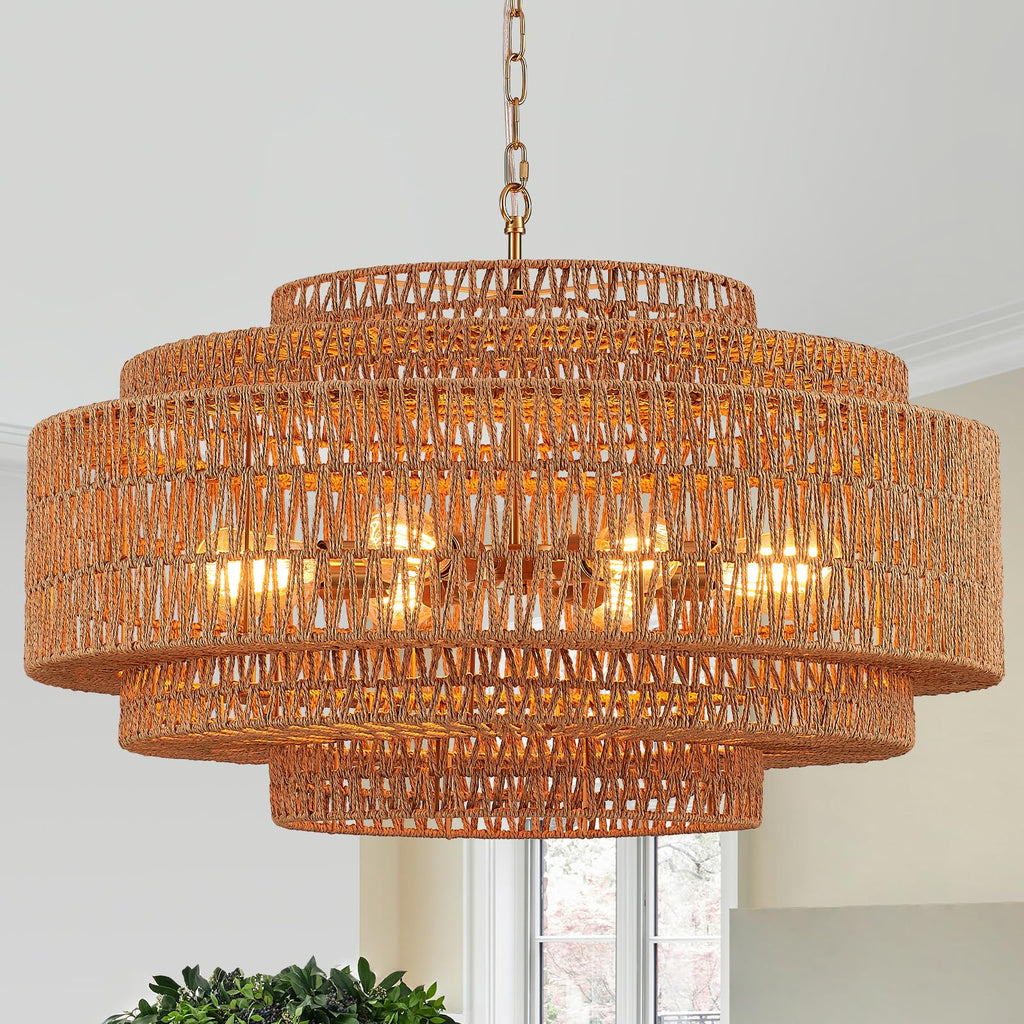 Hand-Woven Rattan Chandelier Large Boho Chandelier Living Room 25.6in Coastal 6-Light Farmhouse Vintage Wicker Bamboo Chandeliers for Bedroom Dining Room Stairway