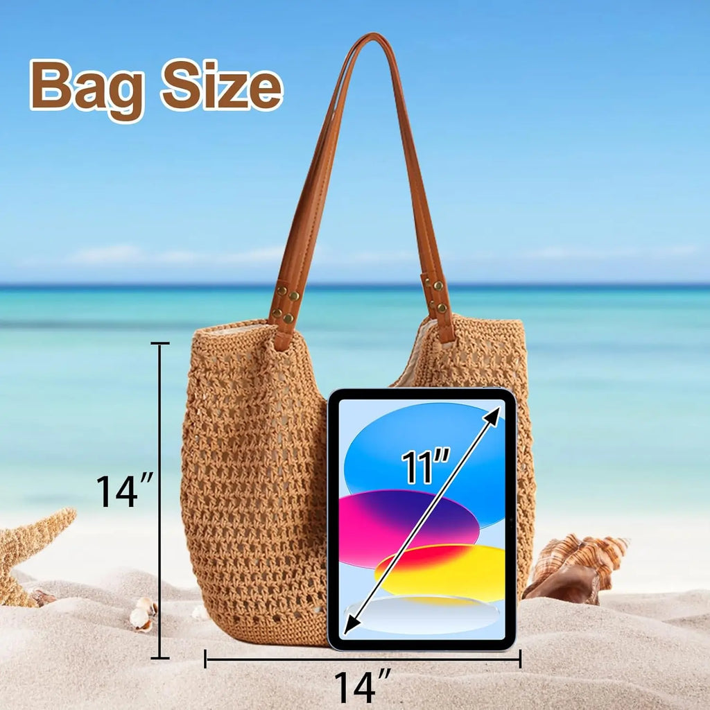 Crochet Beach Bag Purse, Boho Woven Tote with Leak-Proof Lining for Summer Vacation Travel Casual Shoulder Bag Soft