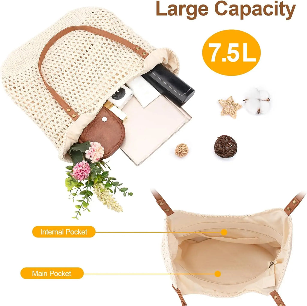 Crochet Beach Bag Purse, Boho Woven Tote with Leak-Proof Lining for Summer Vacation Travel Casual Shoulder Bag Soft