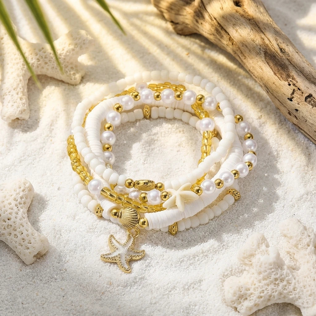 5Pcs/Set Boho Starfish Shell Elastic Bracelet for Women Stackable Imitation Pearl Heishi Beads Bracelet Beach Jewelry Gift