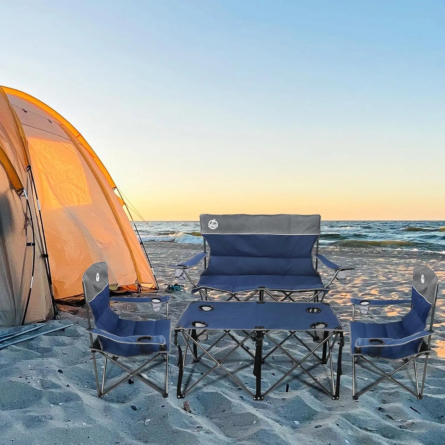 4-Piece Folding Camping Set with Sofa, 2 Chairs & Table for Outdoor Travel, Beach, Patio (Blue)