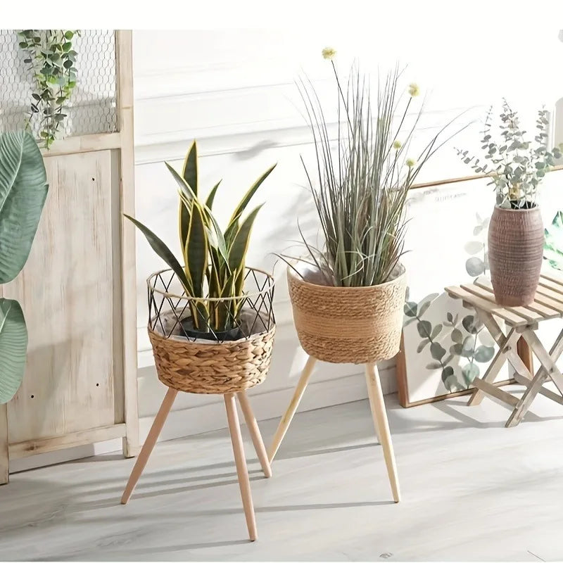 Wood Woven Plant Pot on Standing Flower Pot Storage Basket Indoor Planters Classic Style Garden Decor Essentials Home Decoration