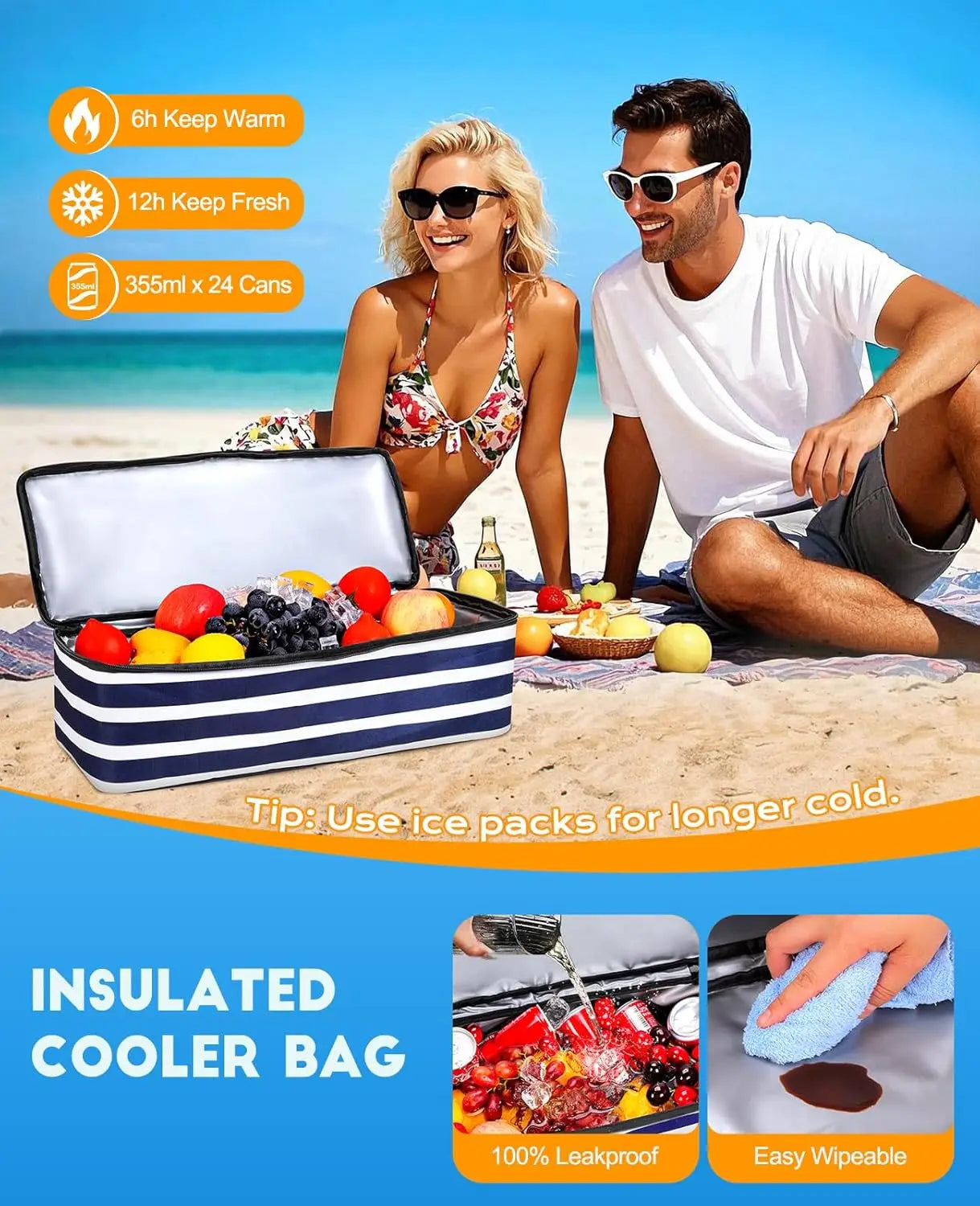 Beach Bag with Cooler, 49L Waterproof Sandproof Tote with Zipper, Foldable Travel Bag for Pool Picnic