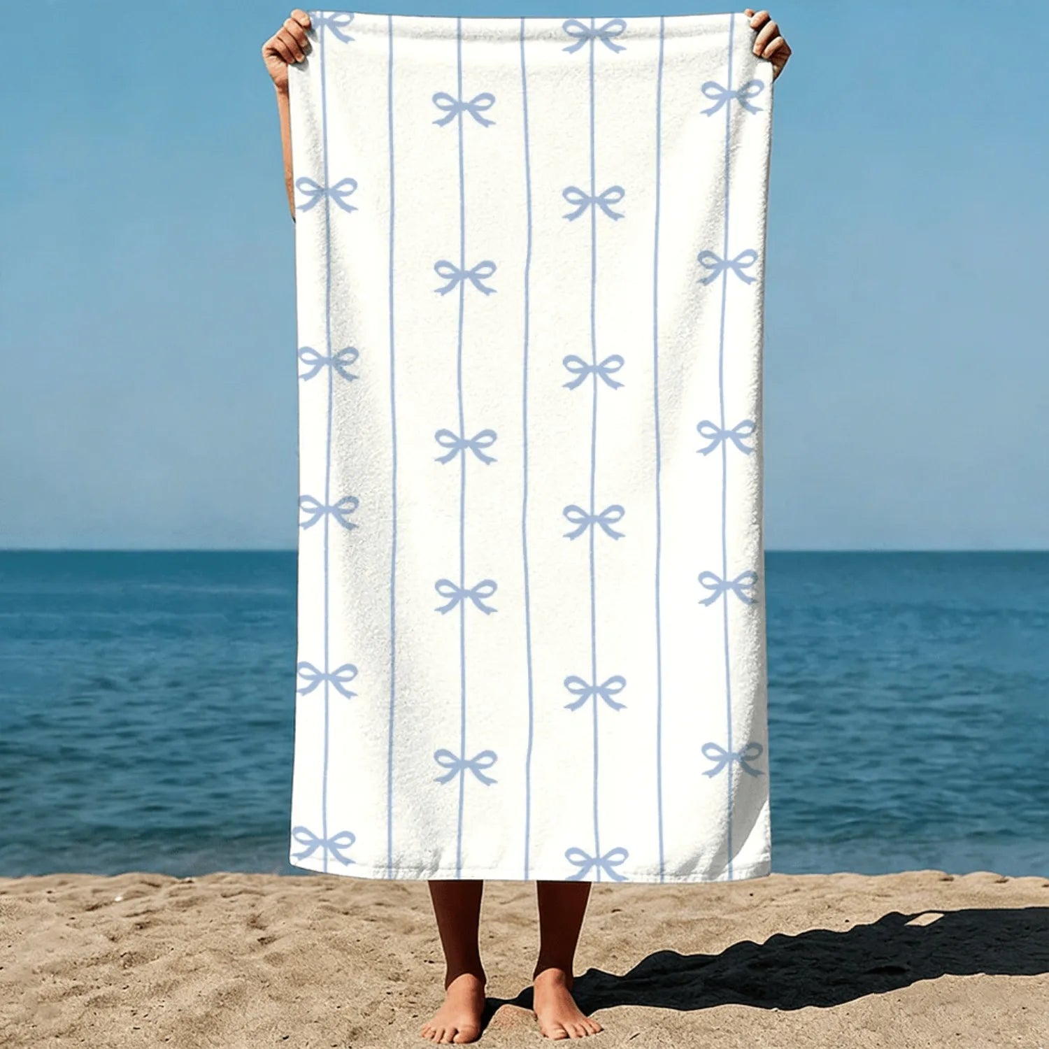 1pc Summer Beach Towel Blue Ribbon Bows On Vertical Lines, Repeating Pattern, Delicate Line Art Style. For Swimming Pool Vacation - Microfiber, Quick-Dry, Sand-Free & Lightweight Extra Large Towel For Pool, Beach, Yoga & Travel -Gift For Adults Women Men