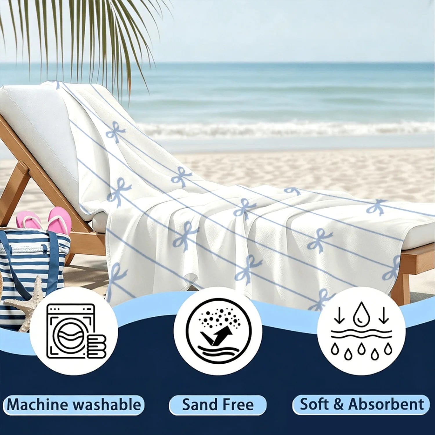 1pc Summer Beach Towel Blue Ribbon Bows On Vertical Lines, Repeating Pattern, Delicate Line Art Style. For Swimming Pool Vacation - Microfiber, Quick-Dry, Sand-Free & Lightweight Extra Large Towel For Pool, Beach, Yoga & Travel -Gift For Adults Women Men