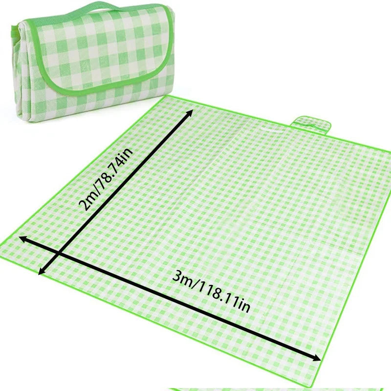 Foldable Lightweight Picnic Blanket 3m×2m Green Plaid Waterproof with Handheld Carry Bag for Outdoor Picnic Camping Beach Party