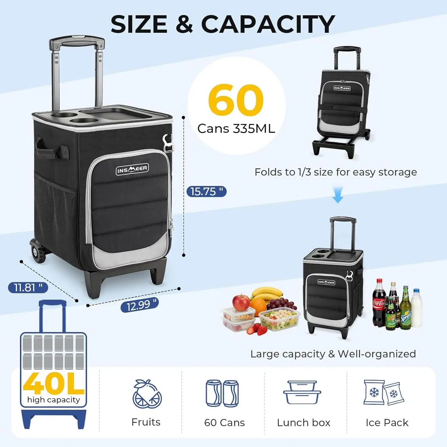 2-in-1 Rolling Cooler with Wheels, 60 Can Collapsible Soft Sided Cooler with Hard Top and Cup Holders for Beach Camping